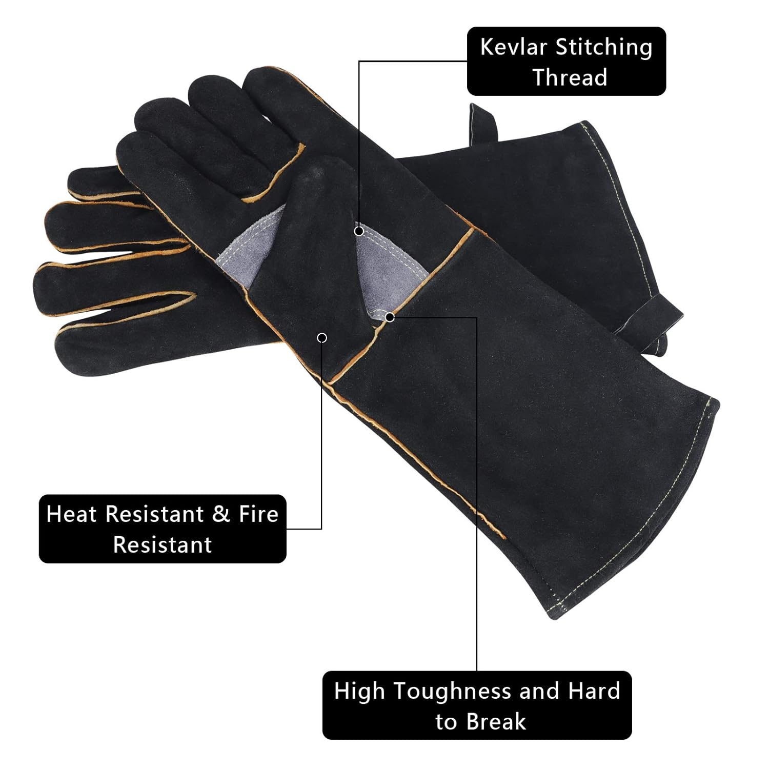 Gants résistants au feu et à la Chaleur extrêmes, Cuir avec Coutures en Kevlar, Parfaits pour cheminée, poêle, Four, Grill, soudage, Barbecue - 3