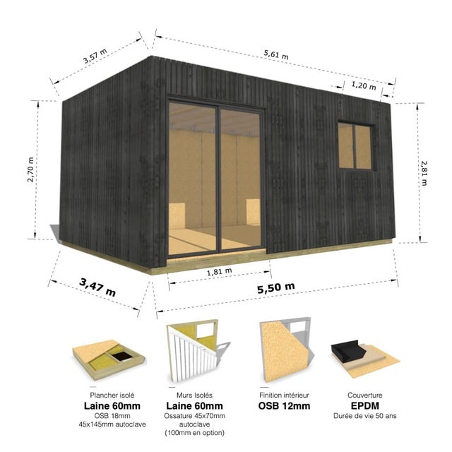 STUDIO DE JARDIN / 19,5 m2 - 5,55 x 3,52m / Plancher isolé / Bardage Noir / Intérieur OSB / Livraison Gratuite