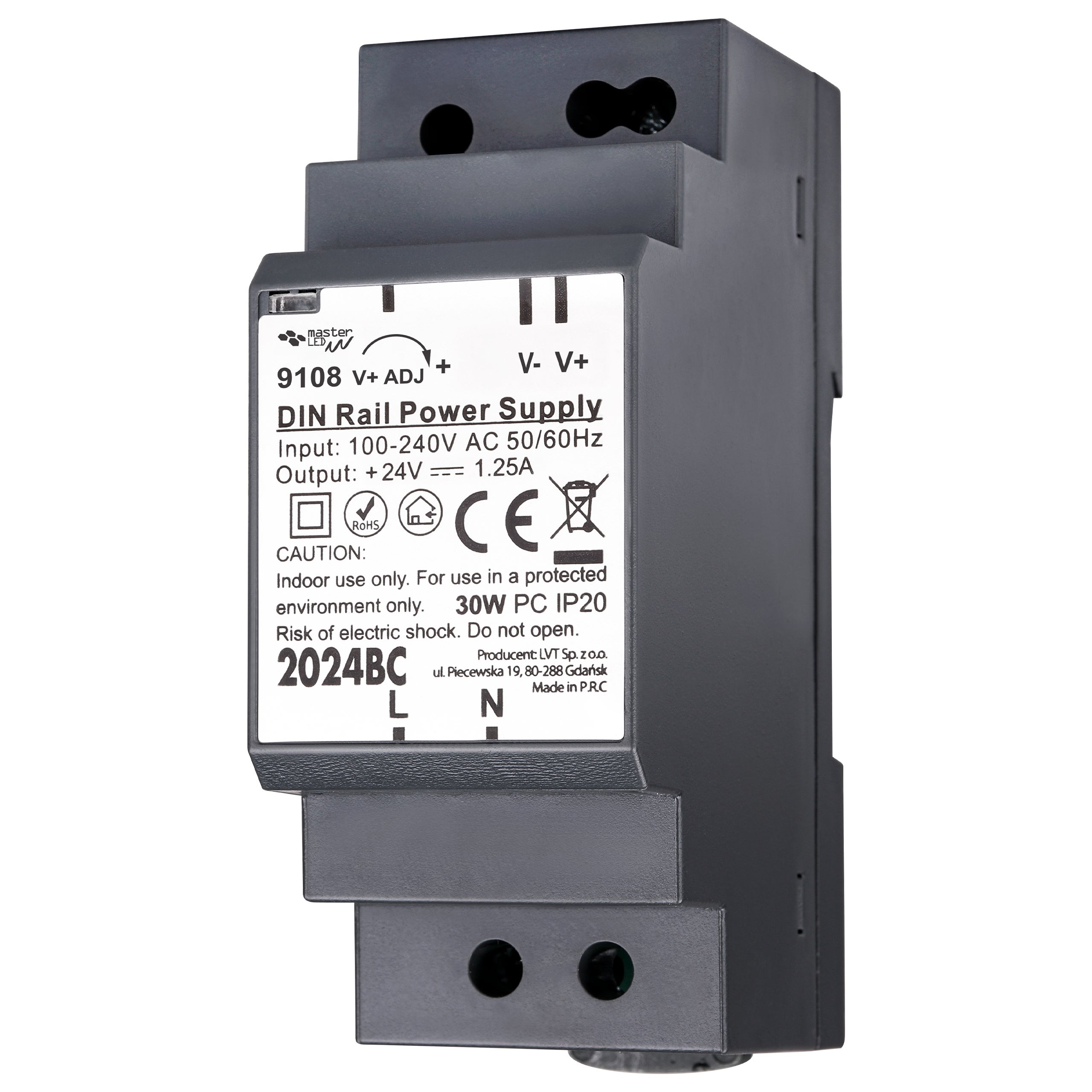 Zasilacz na szynę DIN 24V 30W 1.25A IP20 34.5x58.5x92.5mm klasa II MasterLED