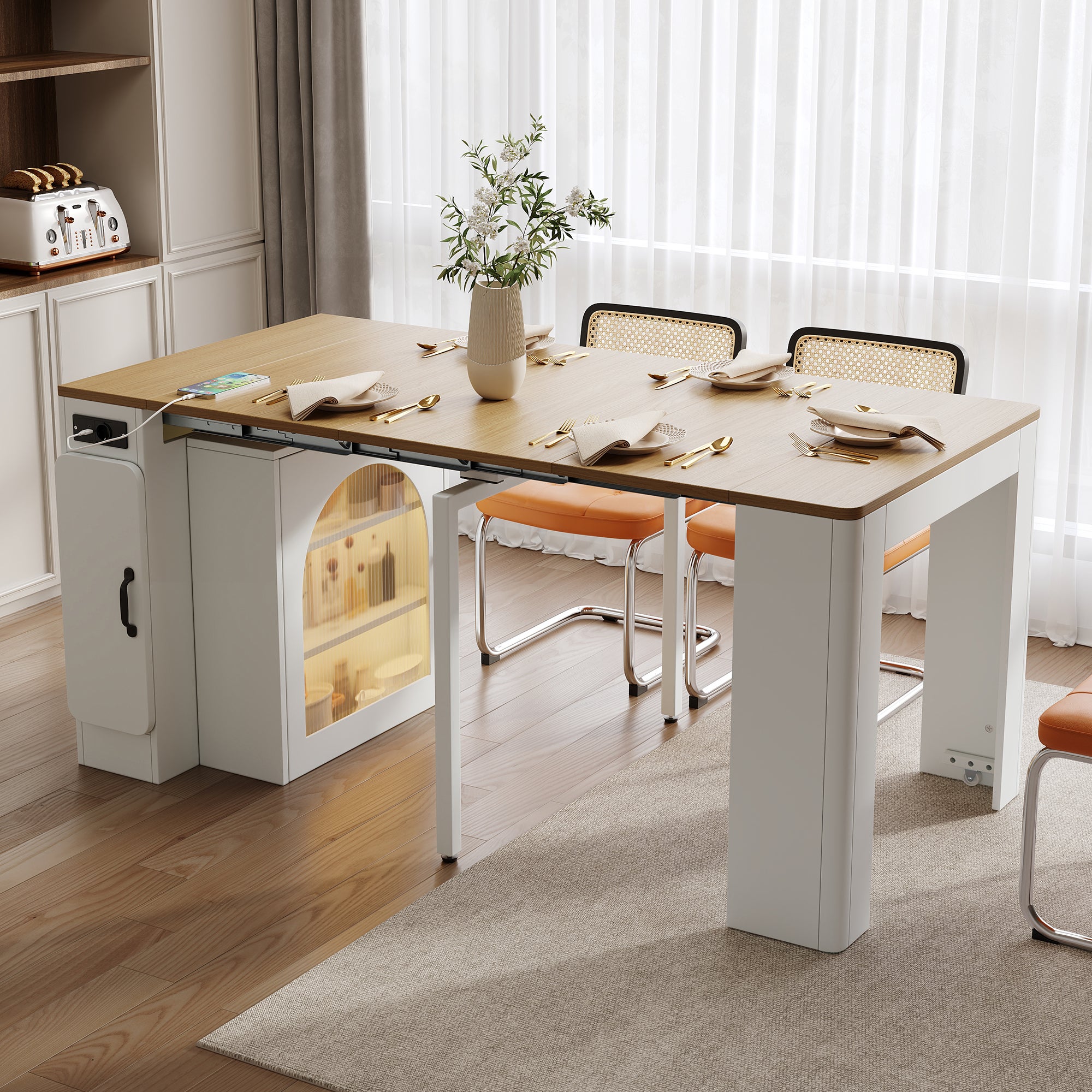Rozkładana wyspa kuchenna z 2 drzwiami i zdejmowanym blatem - 149,6 x 39,6 / 80 x 77 cm - MDF + szkło - Biały + naturalny