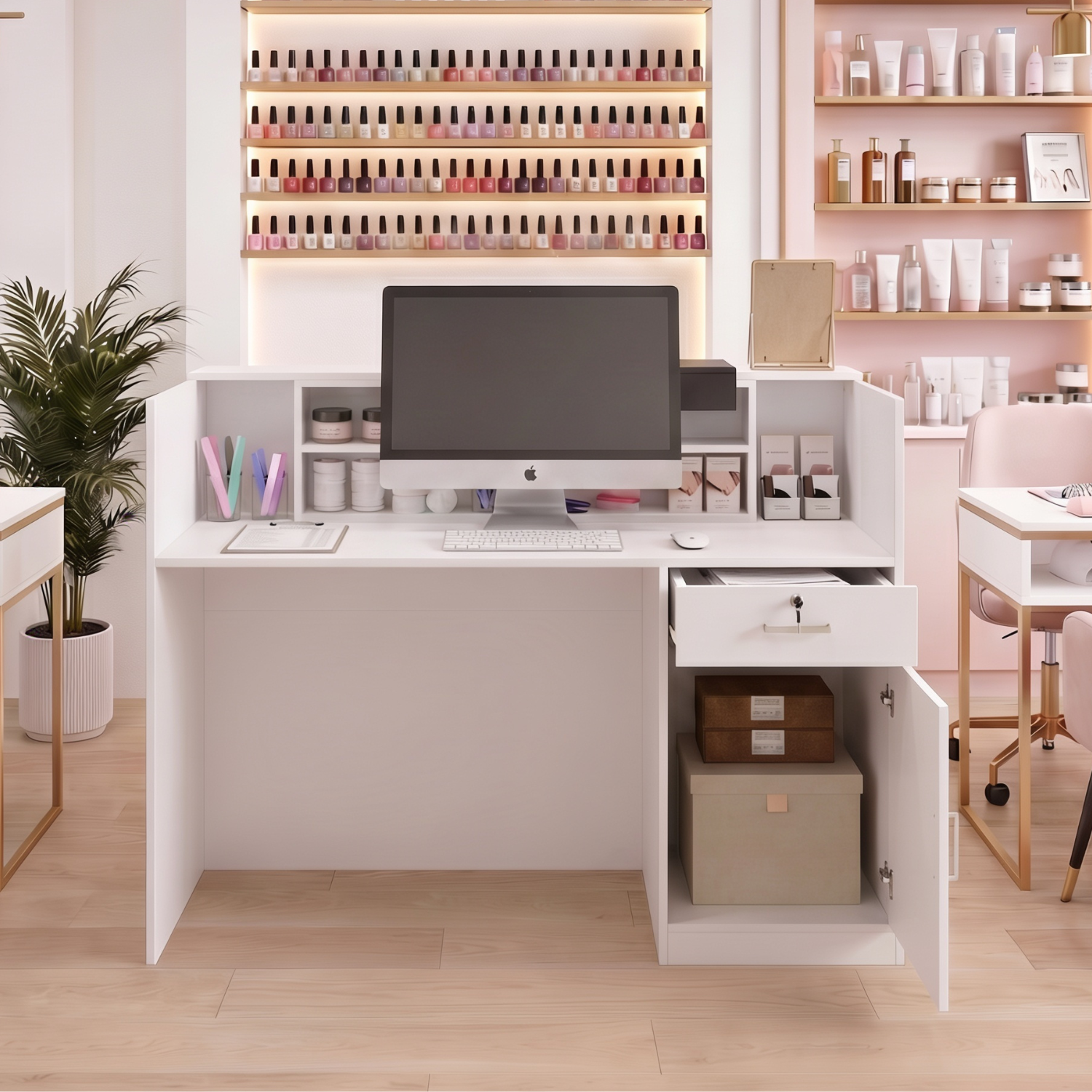 Bureau d’Accueil avec Case amovible, Comptoir de réception avec Porte et Tiroir verrouillable, Bureau, 140x60x110cm, Blanc - 3