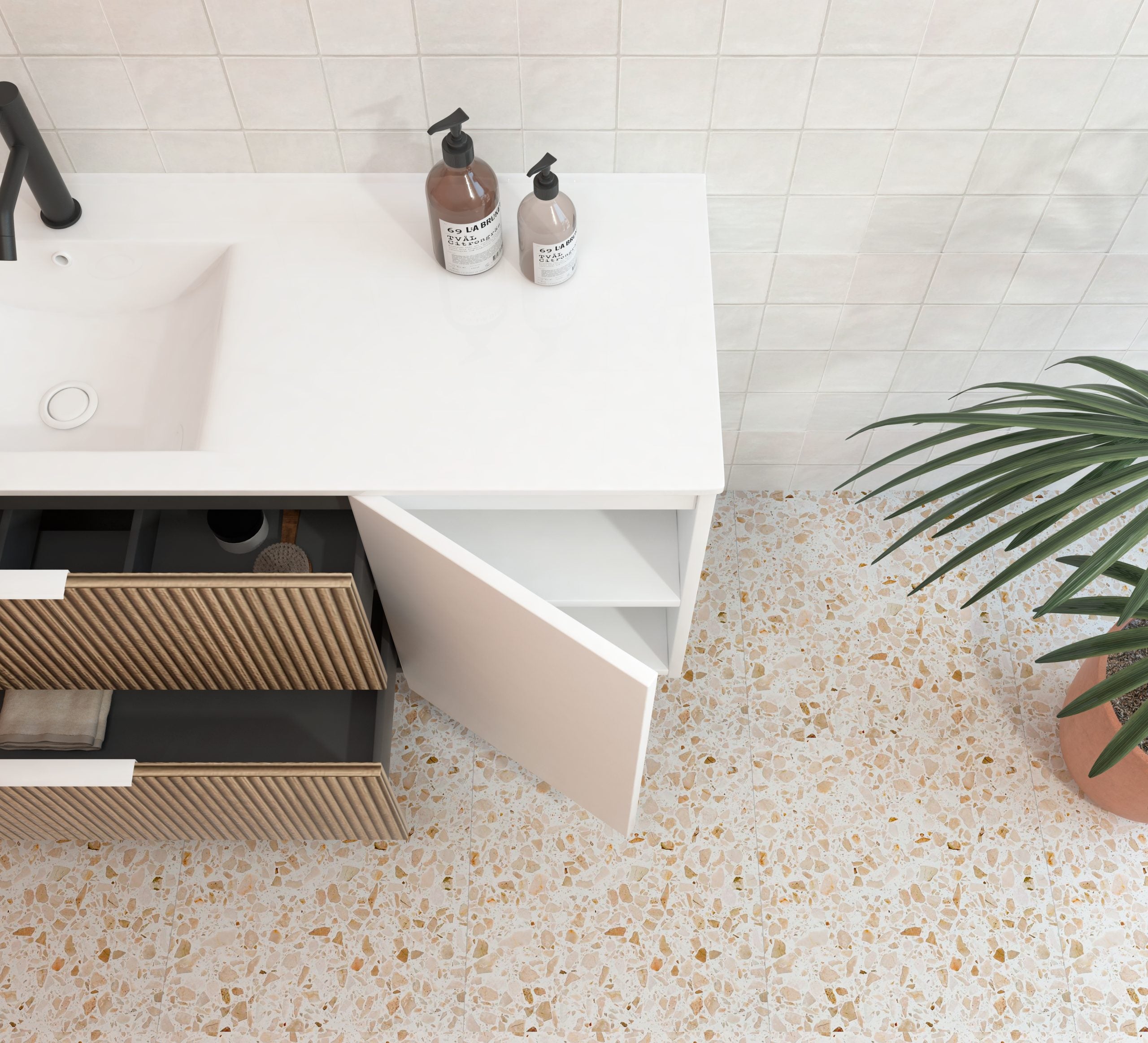 Meuble de salle de bain Mapau Pack avec lavabo et miroir circulaire BRIDAN deux tiroirs blanc mat 120cm - 3