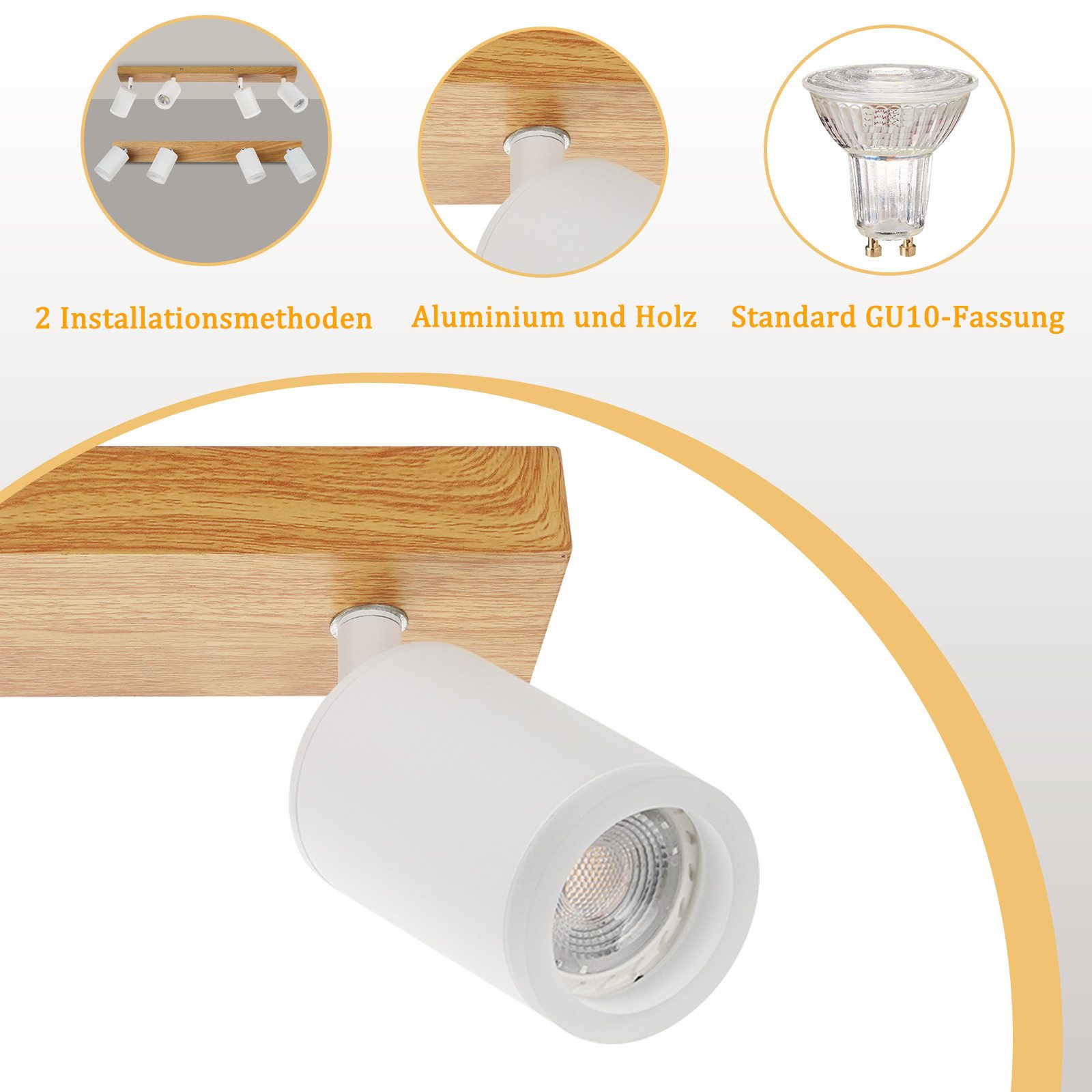 ZMH Foco de techo LED de 4 llamas GU10 madera-acrílico Lámpara de techo giratoria 350° Salón - 5