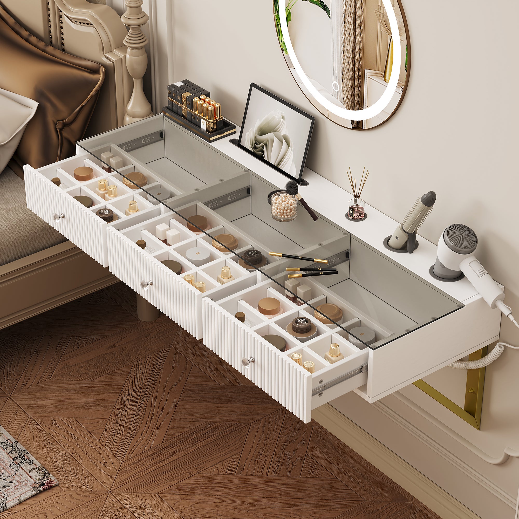 Coiffeuse murale avec 3 tiroirs - MDF + panneau de particules + plateau en verre - 120 x 40 x 45 cm - Blanc (sans tabouret et miroir) - 6
