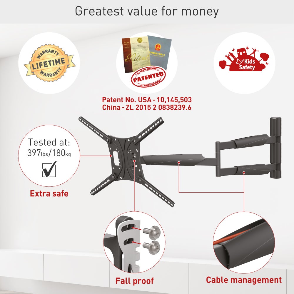 Barkan Longueur 102cm Support TV Mural pour écrans 13 - 86 Pouces, Inclinable et orientable, Mouvement Complet, Poids max. 60Kg, extra extensible, pou - 6