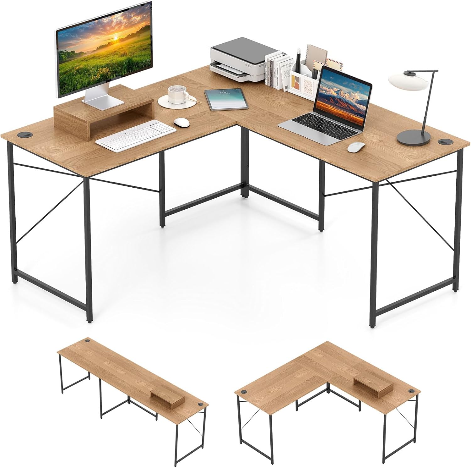 Biurko w kształcie litery L, dwustronne biurko narożne ze stojakiem na monitor, stół narożny z 3 otworami na przewody, 150 x 150 x 74 cm (dąb)