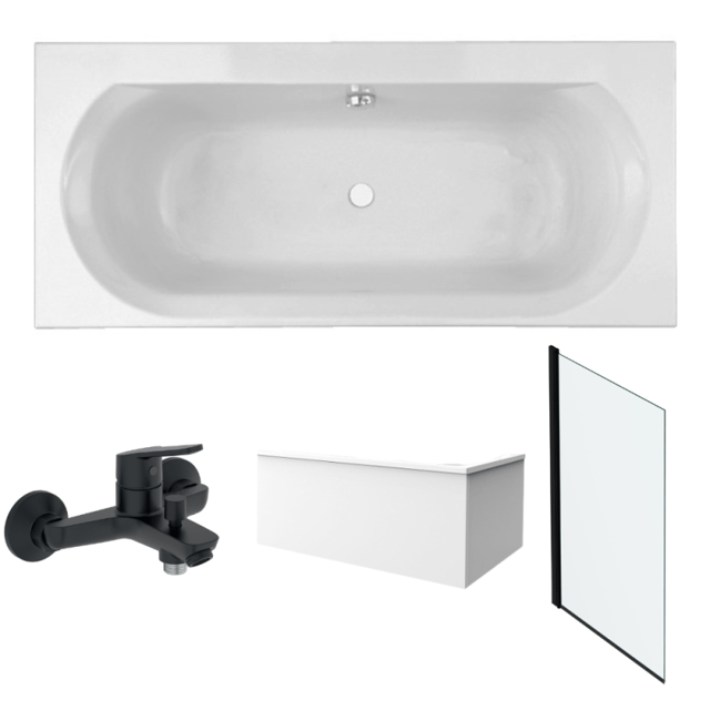 Pack bañera recta 170x75 JACOB DELAFON Elise + faldón esquinero + mezclador de pared bañera-ducha Aimé negro + mampara de bañera negro + desagüe