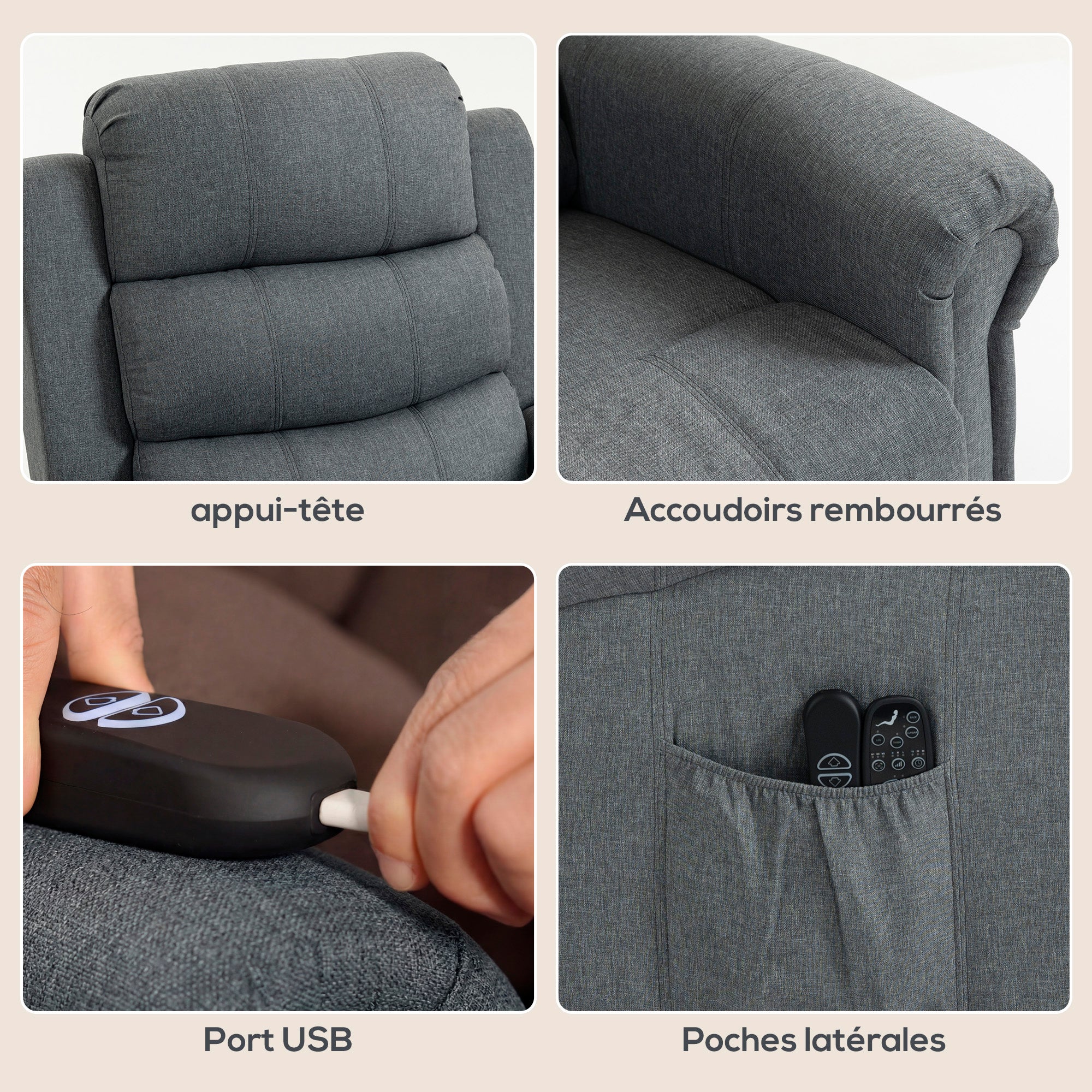 Fauteuil releveur électrique - HOMCOM - massage et chauffage, dossier inclinable, ports USB - tissu en lin - 87x87,5x108cm - gris - 4