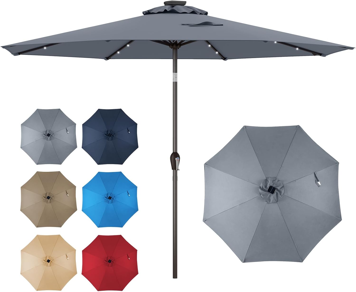 Parasol Ogrodowy 3M, Parasol z Regulacją Nachylenia, 8 Żeber, Podświetlenie Słoneczne 24 LED, Korba, Ochrona przed UV, Duży Parasol, Szary