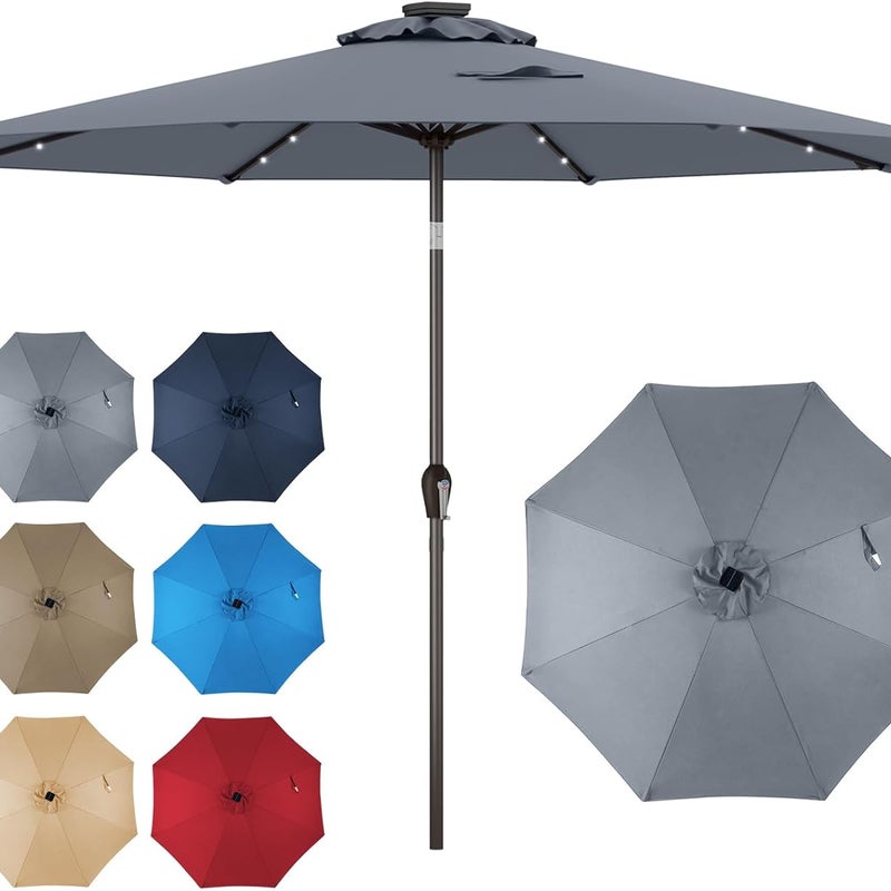 Parasol Ogrodowy 3M, Parasol z Regulacją Nachylenia, 8 Żeber, Podświetlenie Słoneczne 24 LED, Korba, Ochrona przed UV, Duży Parasol, Szary