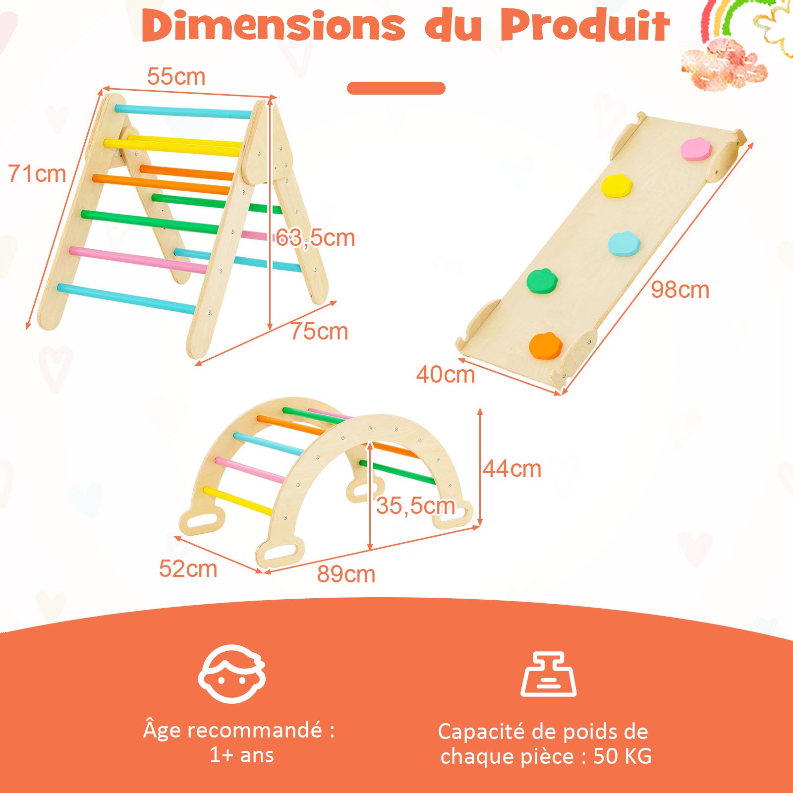 7 en 1 Triangle Arche Montessori d'escalade Enfants avec Toboggan Bois, Rampe, Échelle Réglable, Charge 50 KG, pour Tout-Petits Bébé 1 An+ - 4