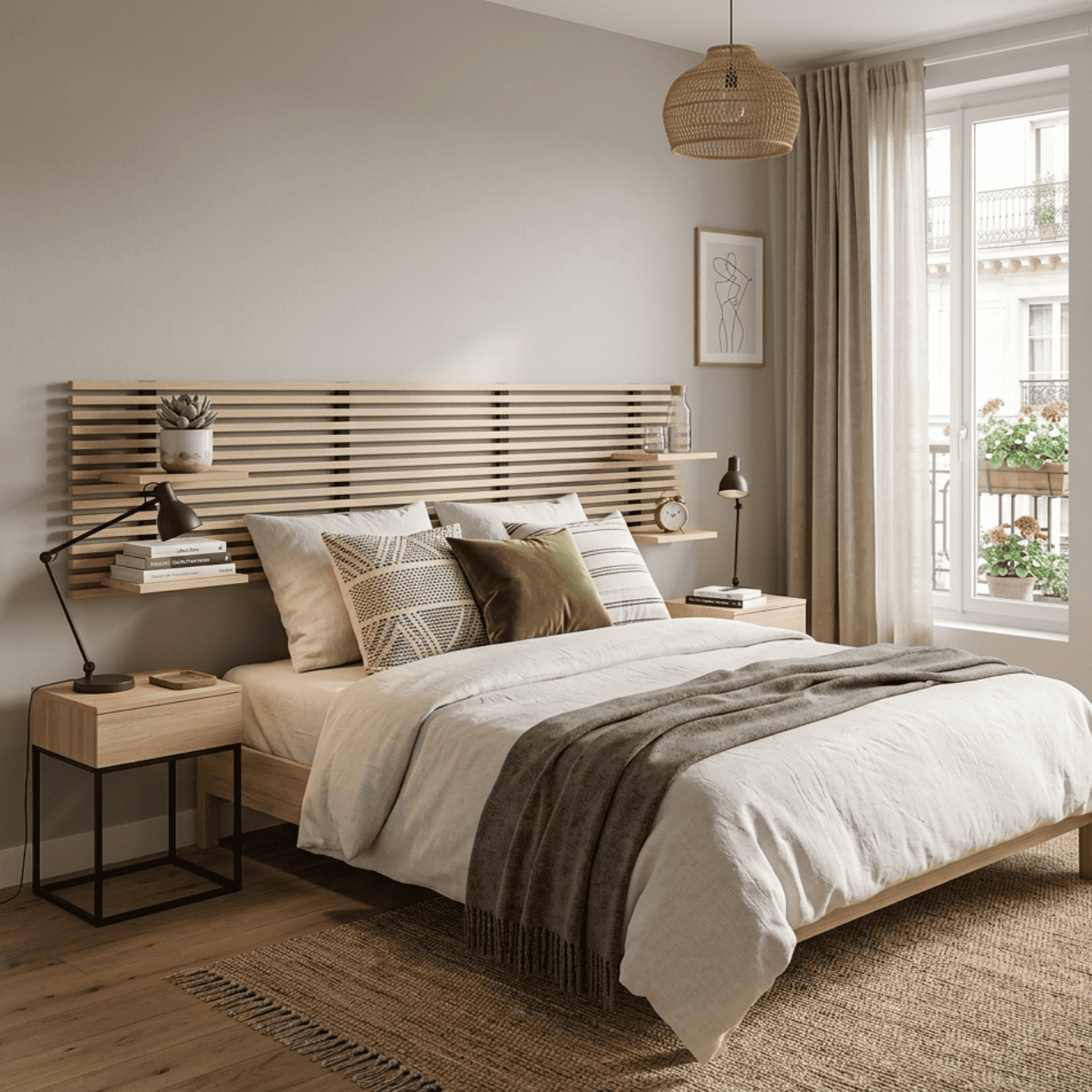 Tête de lit en pin avec étagères, L.250 x H.56 cm x P.21 cm - 2