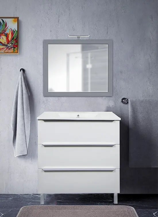 Lomadox Mobile Bagno LUTON-56 Con Lavabo In Ceramica E Specchio | 80 Cm | Bianco Lucido E Rovere | 3 Pezzi