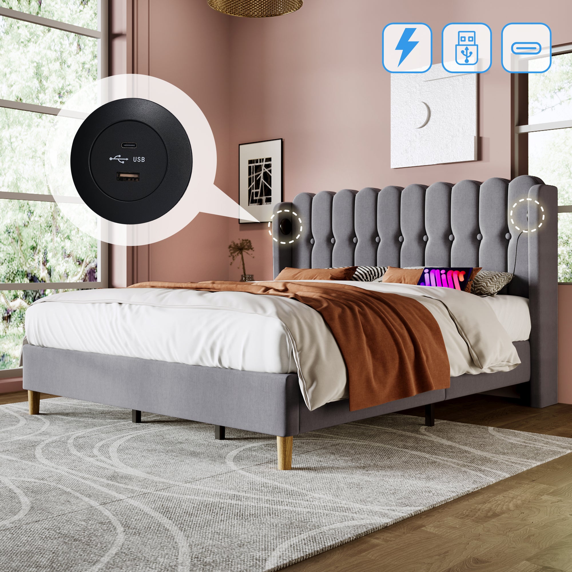Lit double 180x200 cm tête de lit rembourrée avec chargement USB Type-C sommier en lin gris (sans matelas) - 7