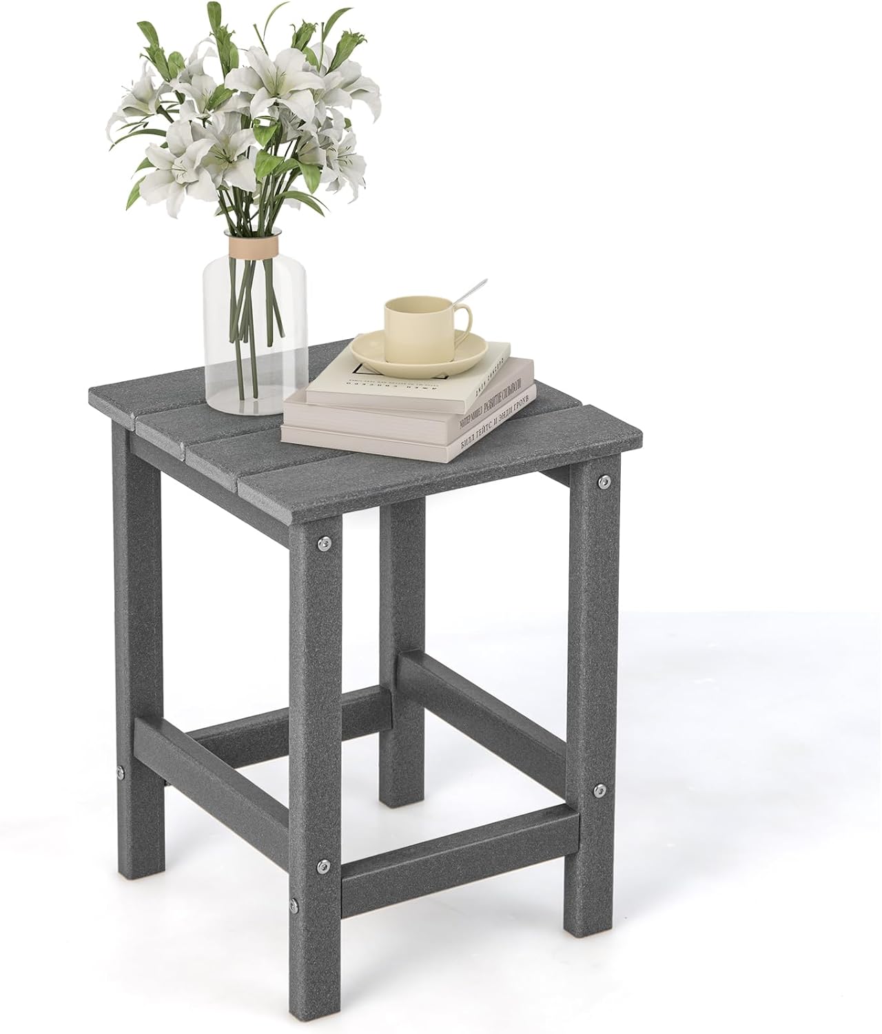 Stolik Ogrodowy z HDPE Obciążenie 100 kg – Regały z Listew Kompaktowy Rozmiar Kwadratowy 35,5 x 35,5 x 46,5 cm Szary