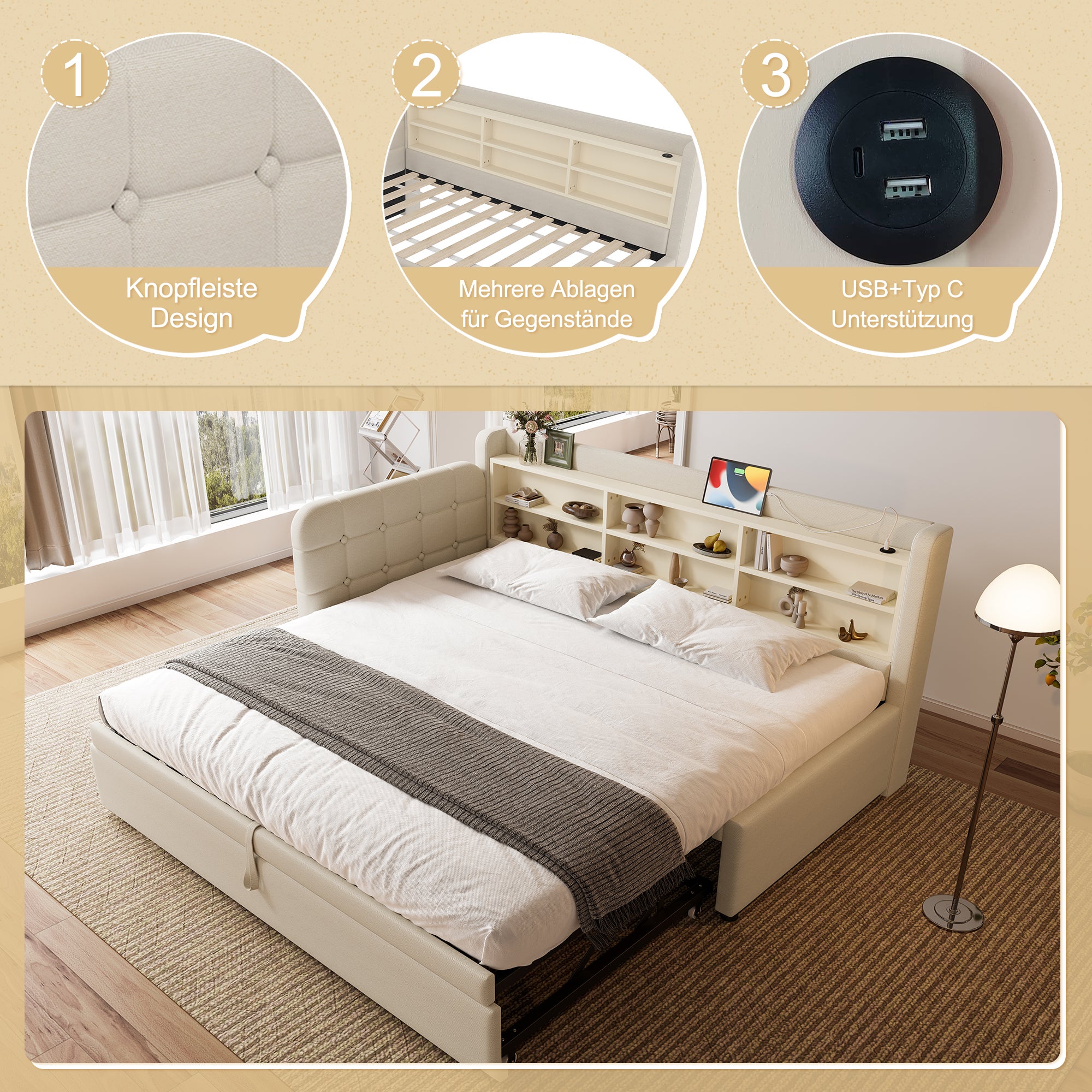 Lit jour 90x200 (180x200) canapé-lit extensible multifonctionnel USB ...