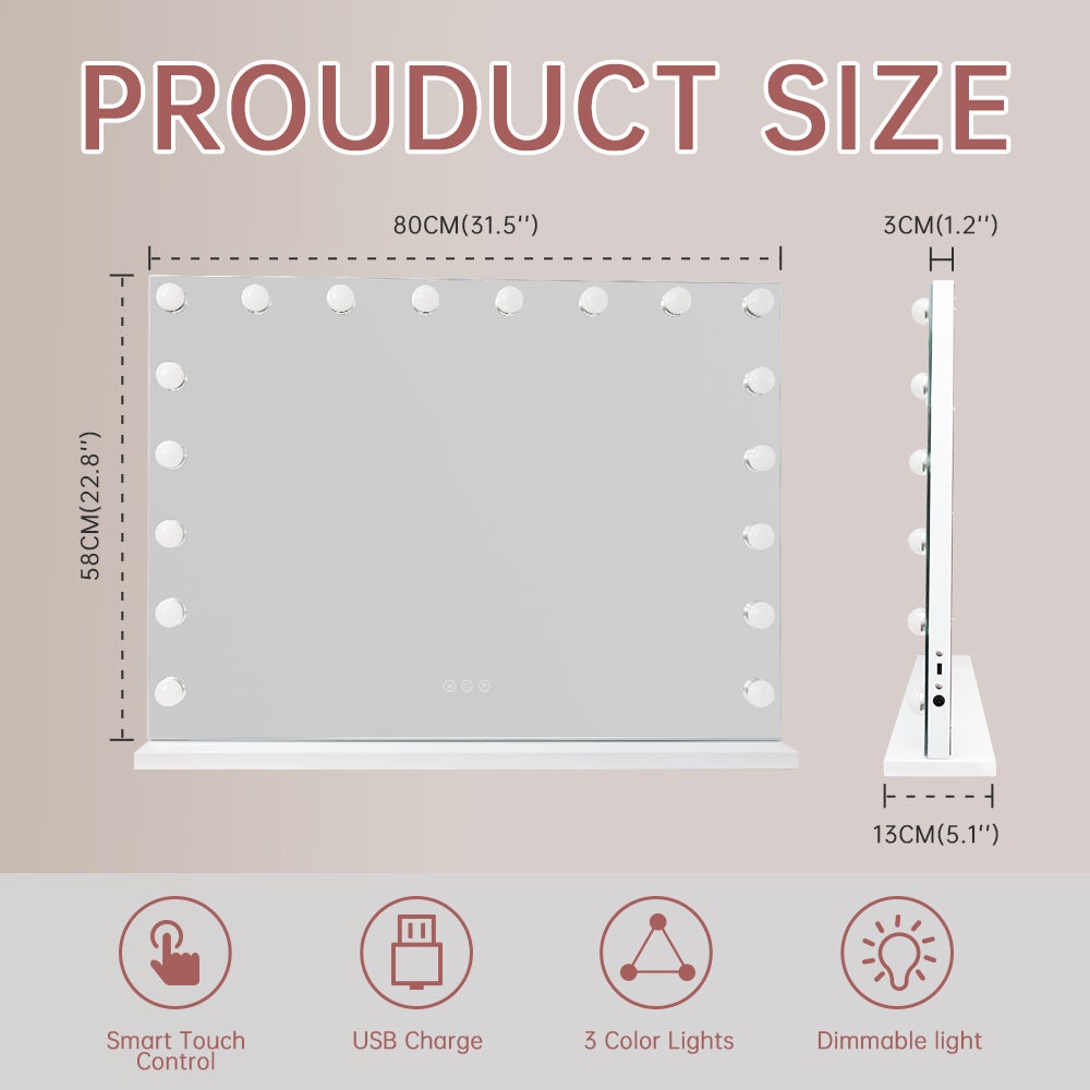 Miroir de maquillage Hollywood lumineux LED coiffeuse mural - 80 x 58 cm - 6