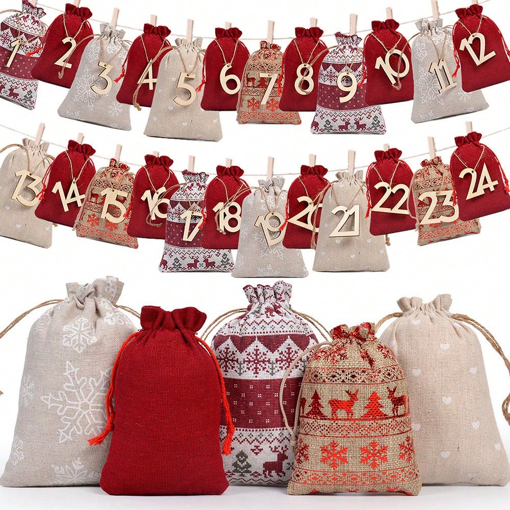 Sachets calendrier de l'Avent en coton lin, lot de 24 sachets à cordon ...