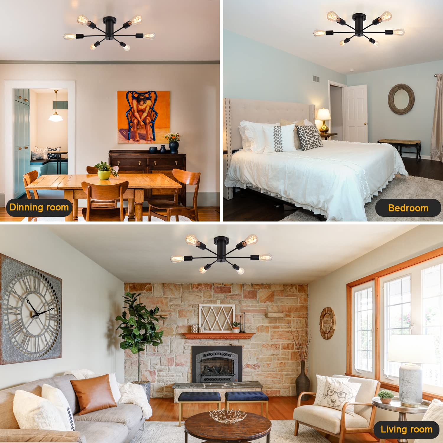 Półwpuszczana lampa sufitowa,sufitowa z 6 głowicami, nowoczesny żyrandol satelitarny, oprawa z połowy XX wieku,kolorzłoty (żarówka nie jest dołączona) - 4