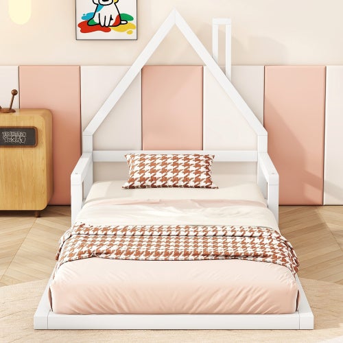 Łóżko dziecięce 90x200cm w kształcie domku, wykonane z litego drewna sosnowego i płyty MDF, proste i trwałe wykonanie