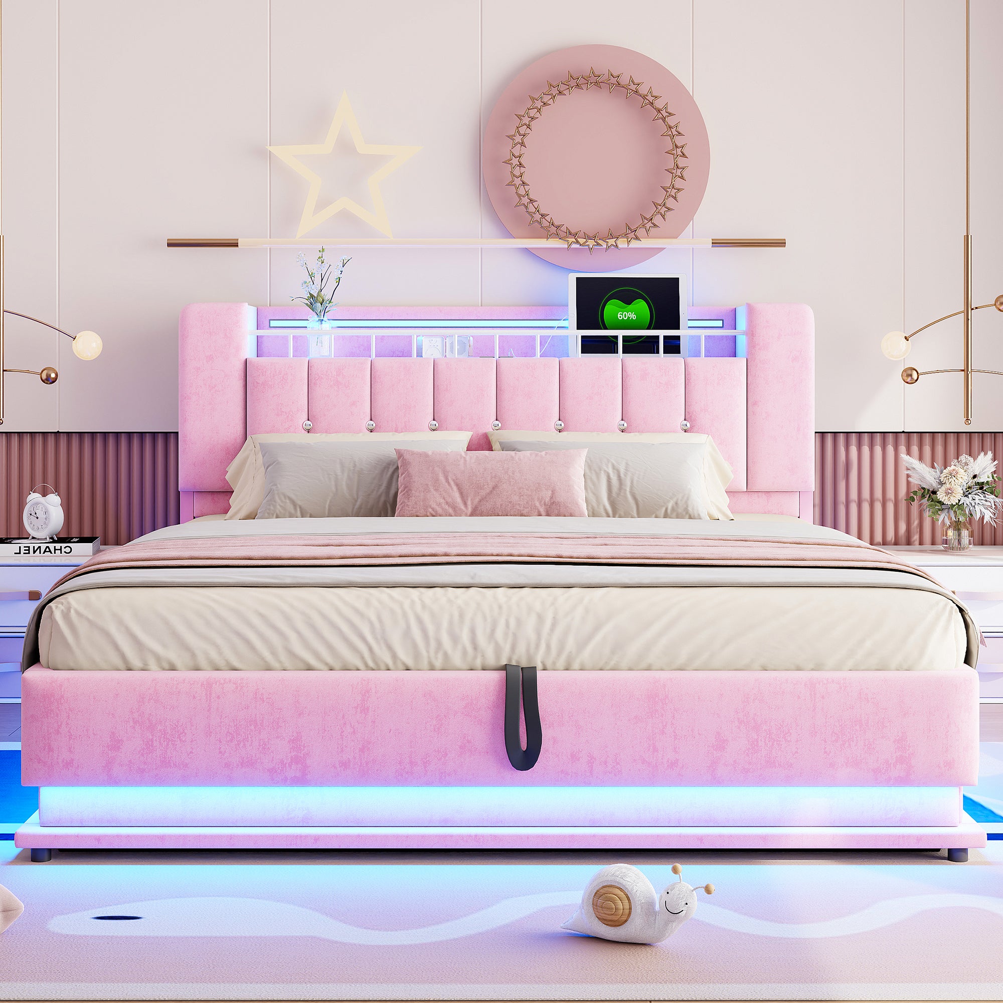 Łóżko z pojemnikiem na pościel 180 x 200 cm i zagłówkiem - Tkanina aksamitna - Diody LED - Porty USB - Różowe (Materac nie jest dołączony) - 3