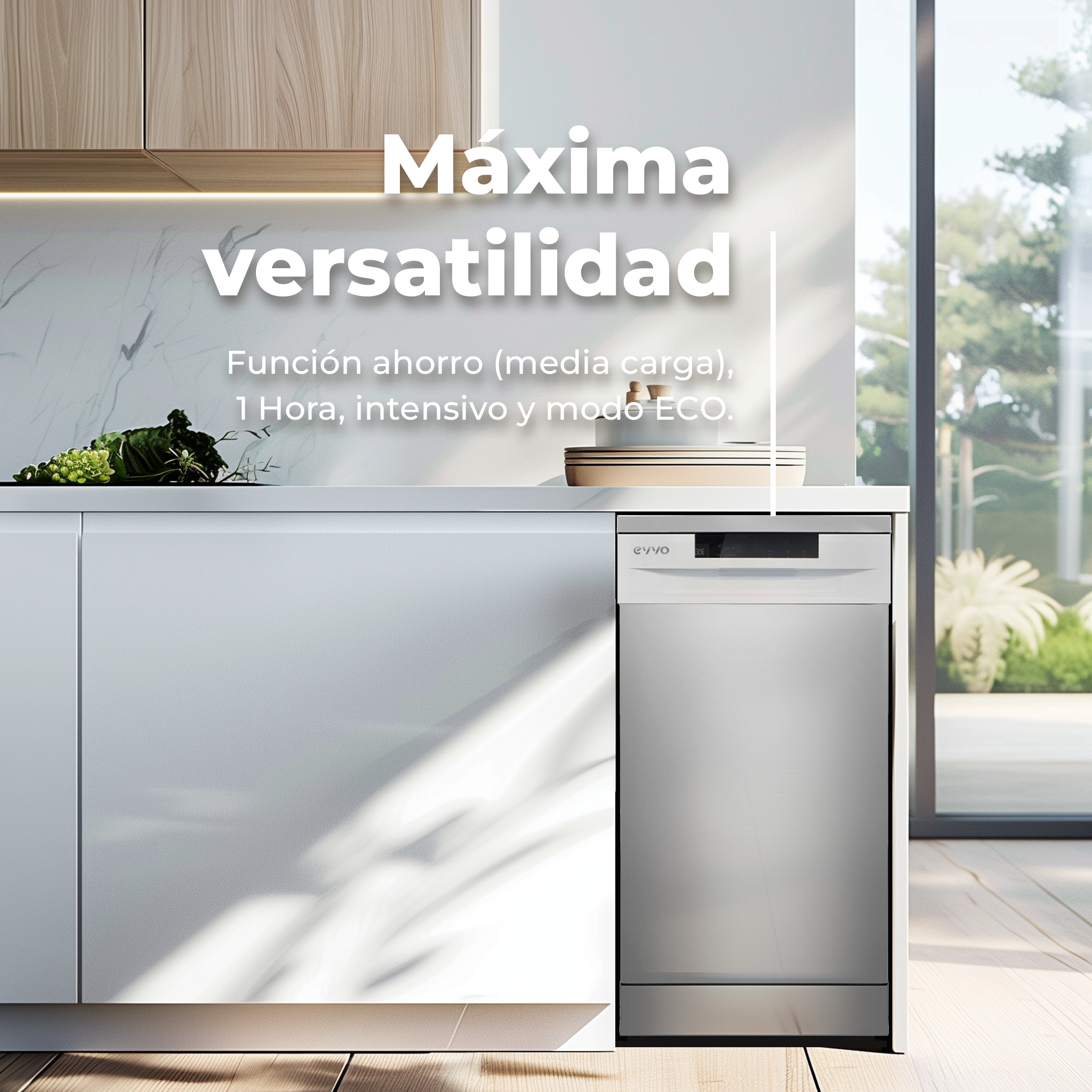 Lavavajillas EVVO D1X Slim (45 cm), 9 Cubiertos, 5 Programas, inox, Ancho 450 mm - 2