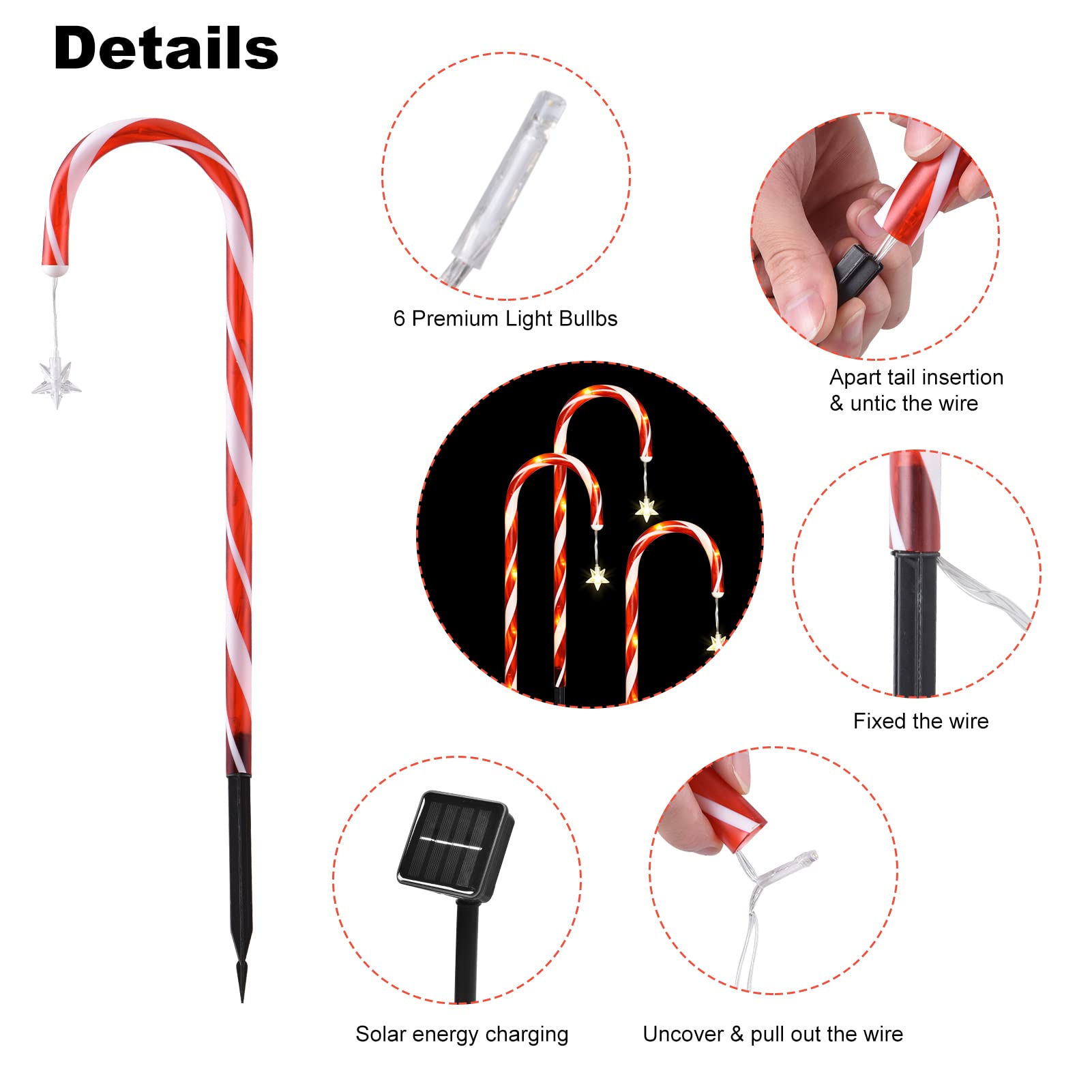 Zestaw 22 solarnych lampek choinkowych w kształcie laski cukrowej Wodoodporne solarne lampki choinkowe, ozdoby świąteczne, lampki solarne na paliki - 7