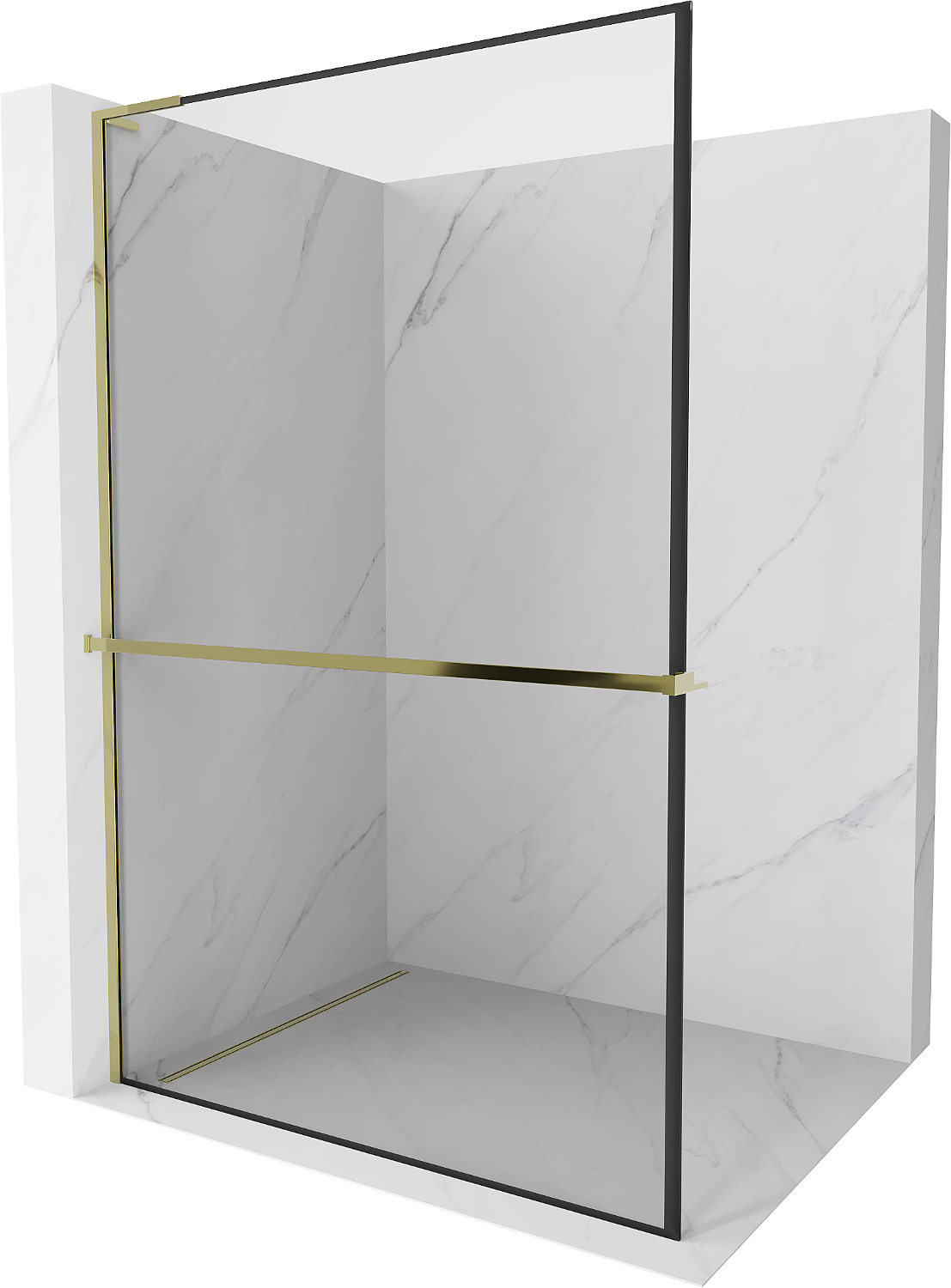 Mexen Kioto+ L ścianka prysznicowa z półką Walk-in 90 x 200 cm, czarna ramka, złota - 800-090-123-50-70