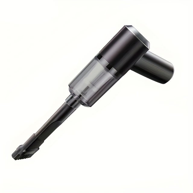 Um aspirador portátil preto recarregável por USB com design de bateria dupla, adequado para uso doméstico e em veículos.