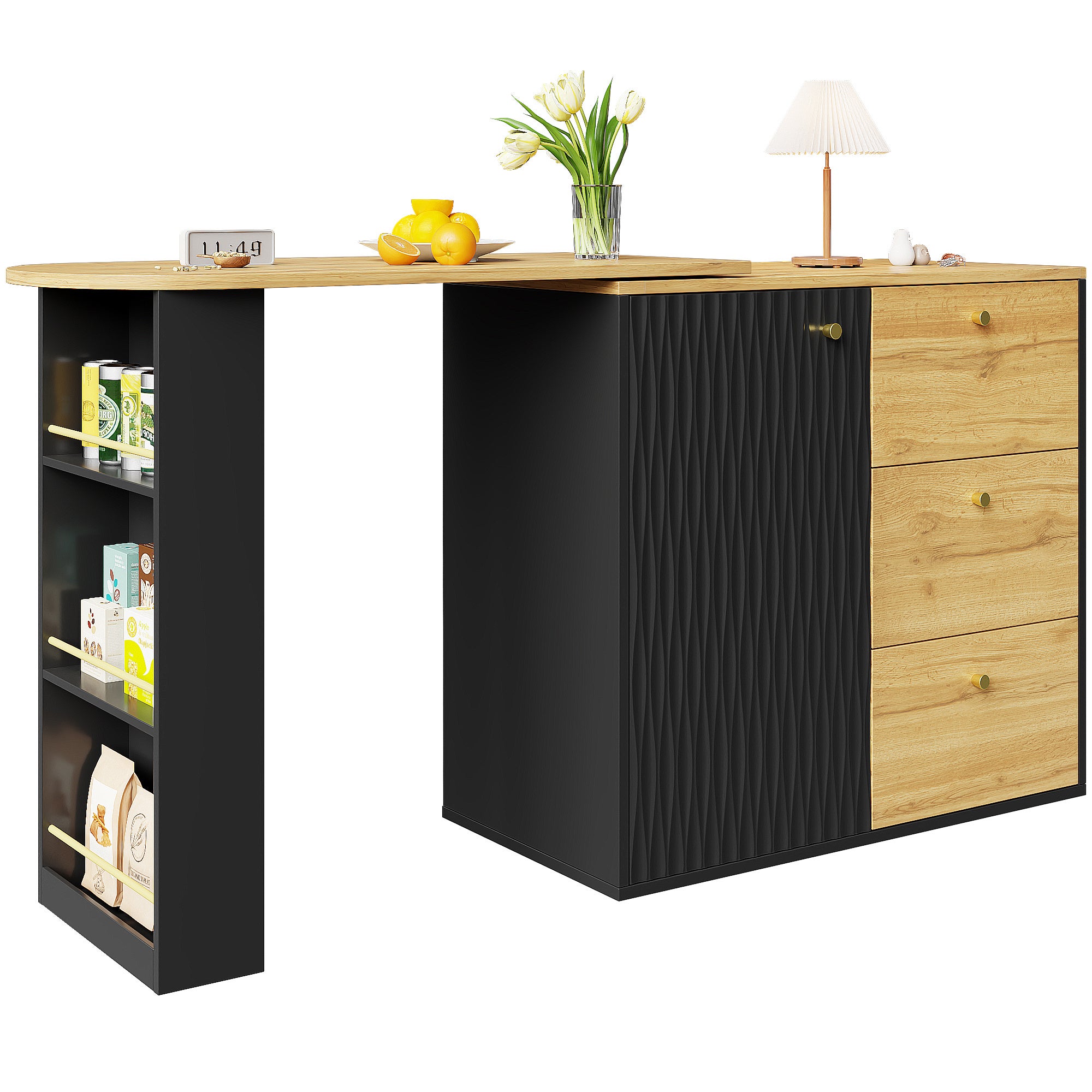 Meuble de bar pivotant 360° et escamotable - avec 3 tiroirs et 1 porte - étagères ouvertes - noir + naturel - 6