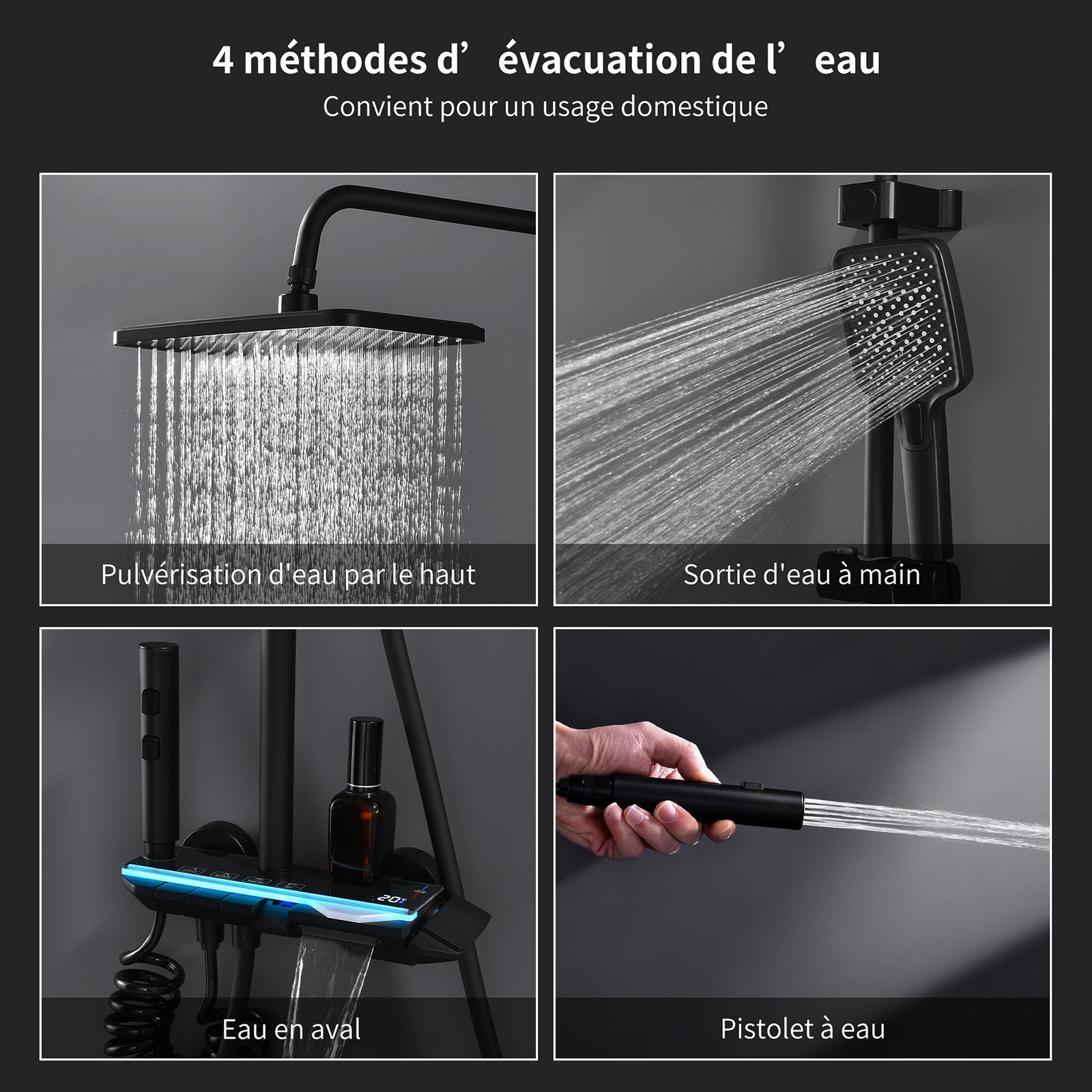 Coluna de Duche LED Preta com Display Digital, Regulável 800-1000 mm, Sistema de Duche com Prateleira, Alta Pressão, Latão, Montagem Mural - 6