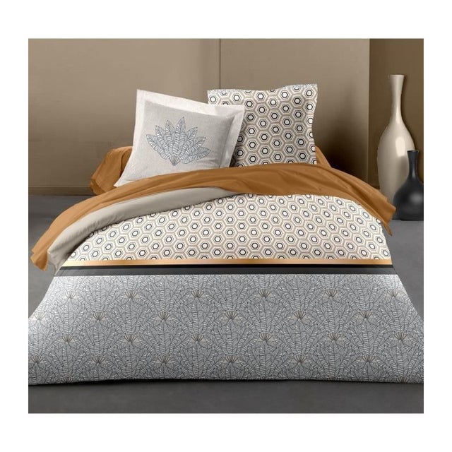 HOME LINGE PASSION Parure de couette Louxor - 1 housse de couette 220 x 240 cm + 2 taies 65 x 65 cm - Ocre et blanc