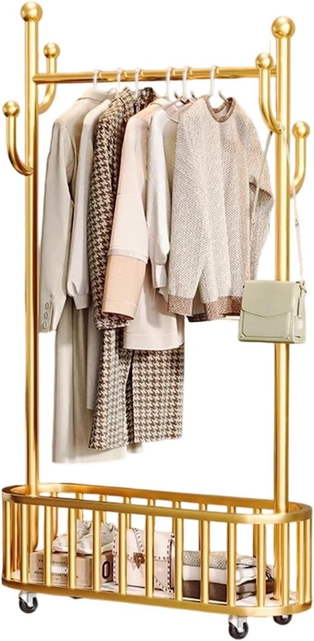 Porte-manteau sur roulettes, Autonome Portants a Vetement en métal avec panier de rangement et Crochets, 175 x 80x 32 cm, Dore