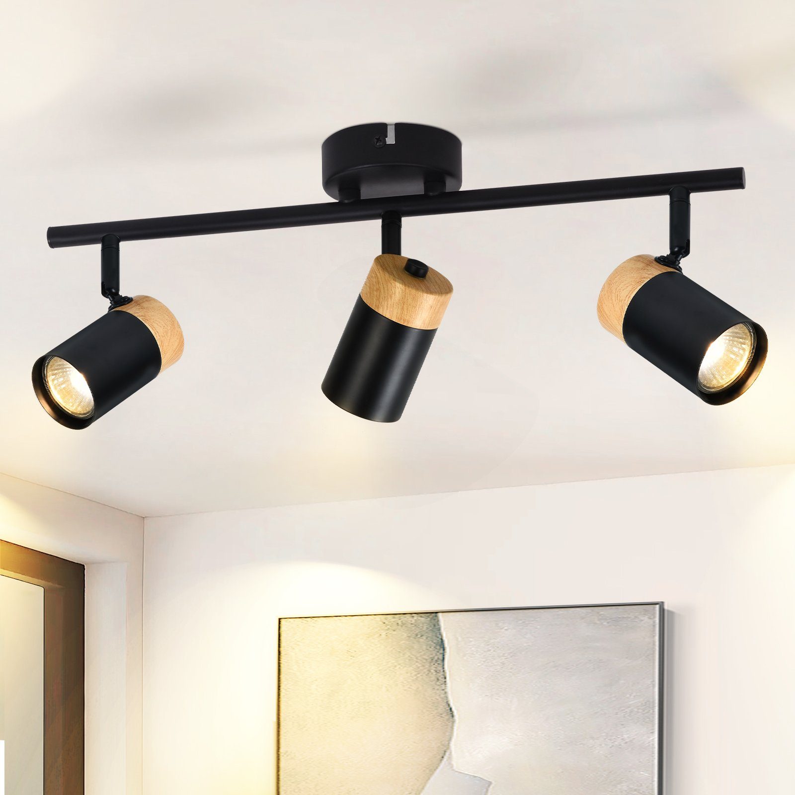 ZMH Wisząca lampa sufitowa z 3 płomieniami do sypialni drewniana GU10 regulowana w zakresie 330°