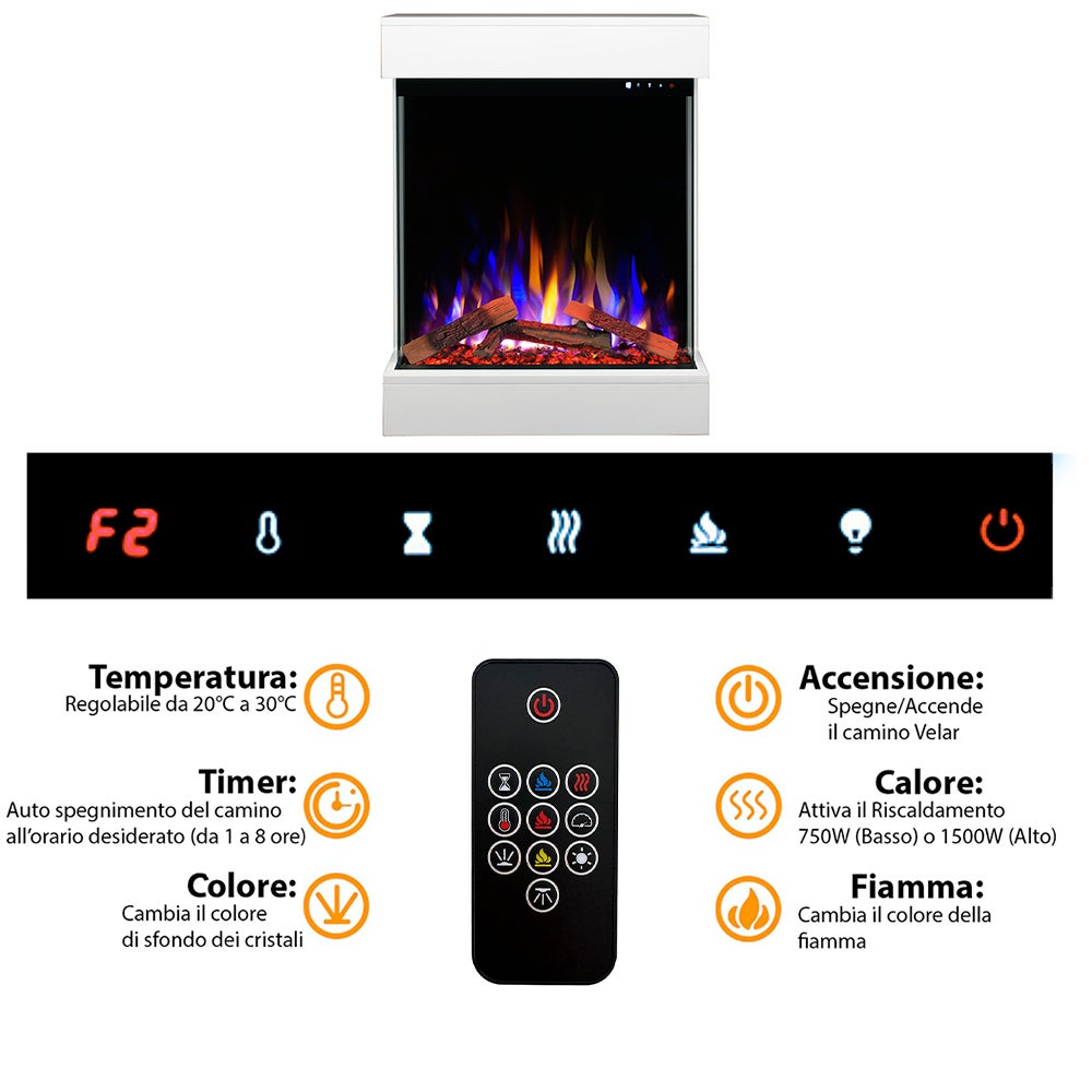 Tempo Style – Kominek elektryczny CALLIOPE w kolorze białym ze zintegrowanym głośnikiem Bluetooth | Efekt prawdziwego ognia 750–1500 W - 8