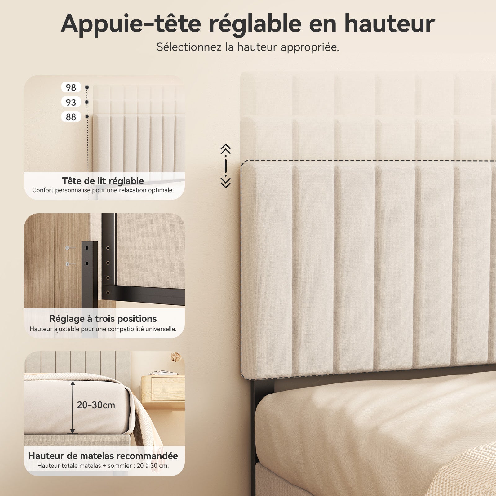 Lit 140x190 cm, Lit double, 480 kg, Rangement 17 cm, bois et métal, Sommier à lattes, métal, Silencieux, Stable, gain de place, tête de lit réglable - 4