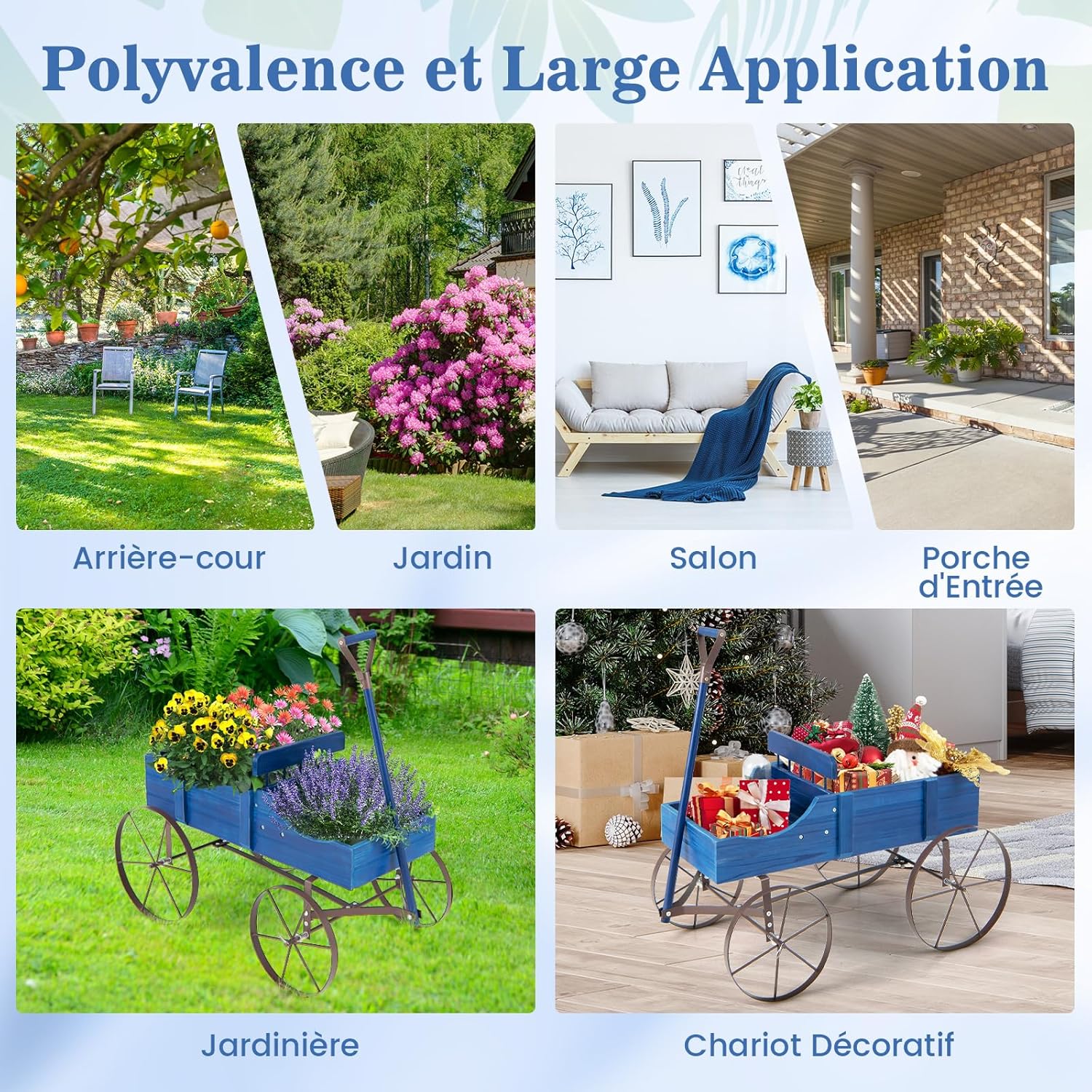 Brouette Décorative en Bois avec 2 Compartiments à Planter Roues Métalliques et Poignée à l'avant Charge 15kg pour Cour Jardin Véranda (Bleu) - 9