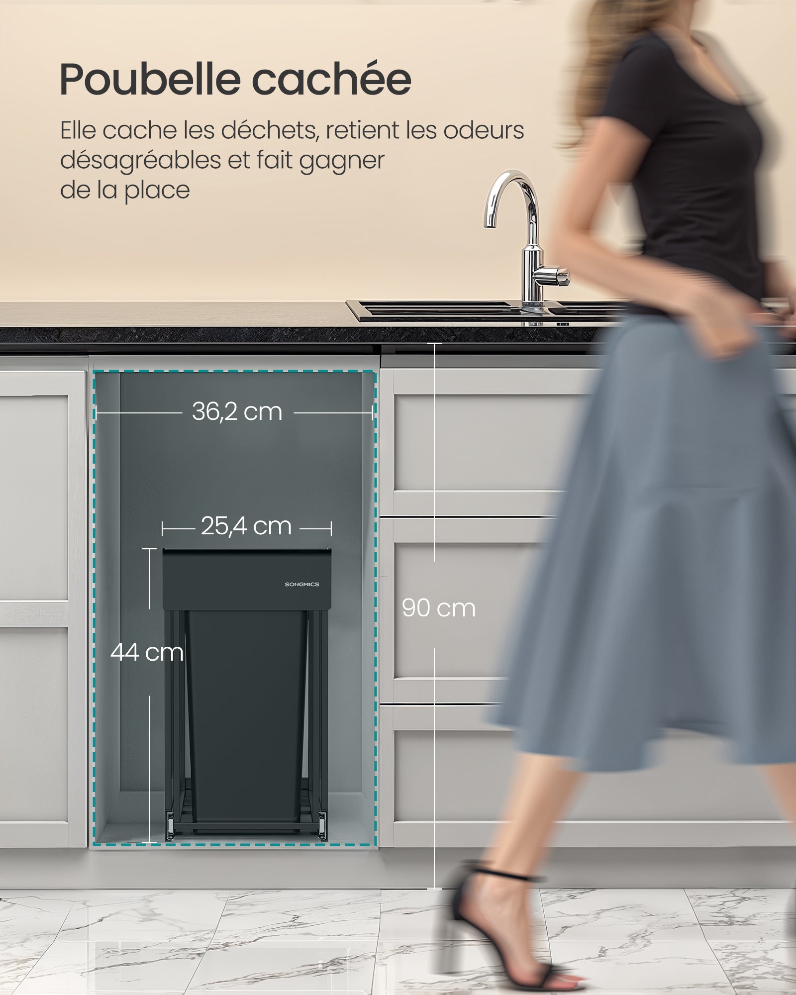 Poubelle de Tri Sélectif, Poubelle de Cuisine Extractible Coulissante, 2 Seaux de 15 L, Coulissement en Douceur, Noir d'Encre - 3