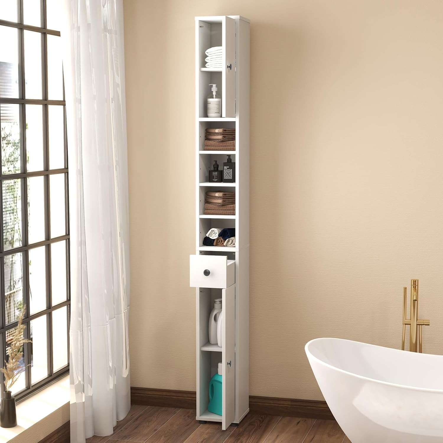 Meuble Colonne Salle de Bain, Meuble de Rangement avec 2 Placards à Porte, 1 Tiroir et 5 Étagères Réglables, 20 x 20 x 180 cm, Blanc Cérusé - 2