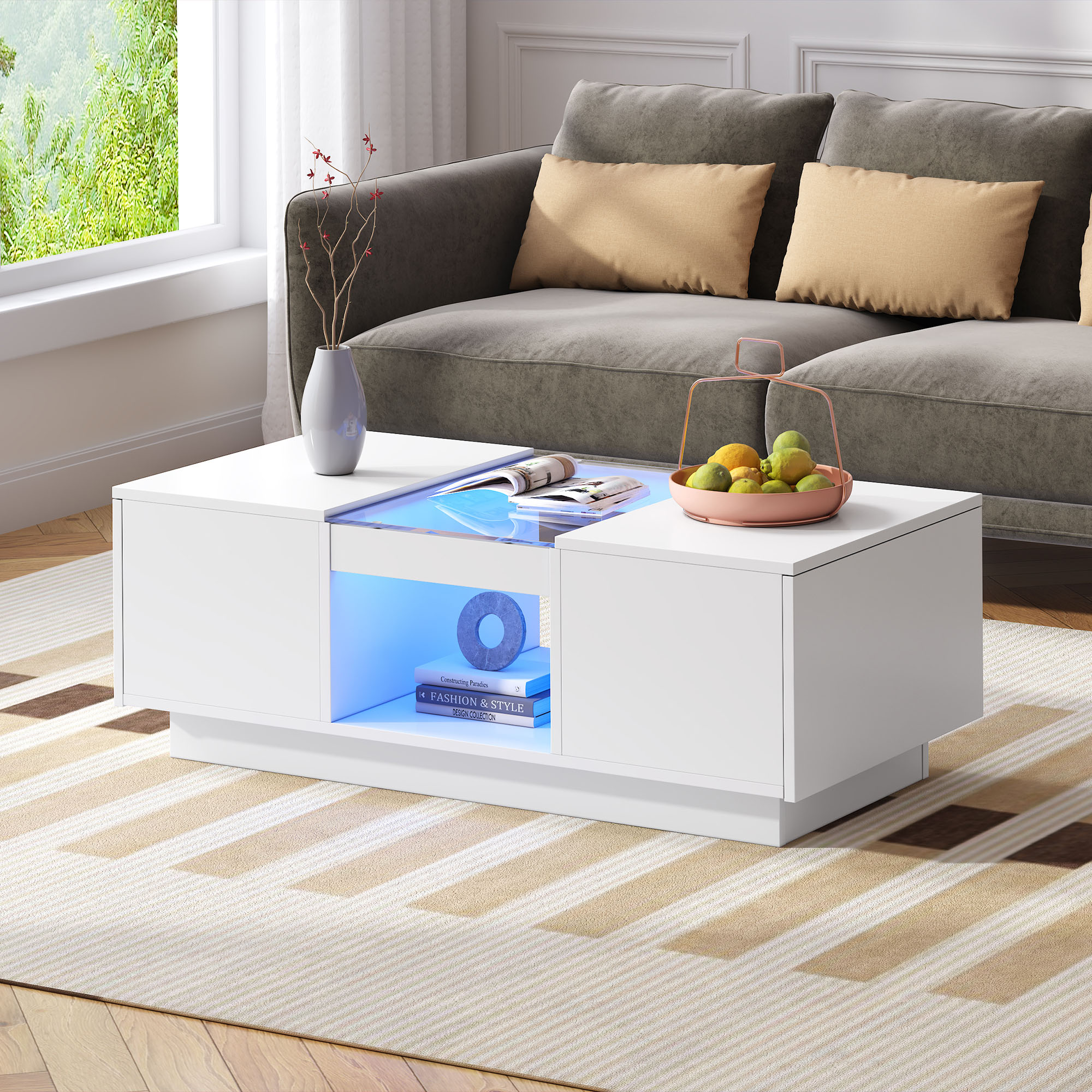 Biały stolik kawowy 100x50x35,5 cm - ze szklanym panelem, oświetleniem LED, sterowaniem aplikacją, 2 szufladami i 1 otwartą przegrodą