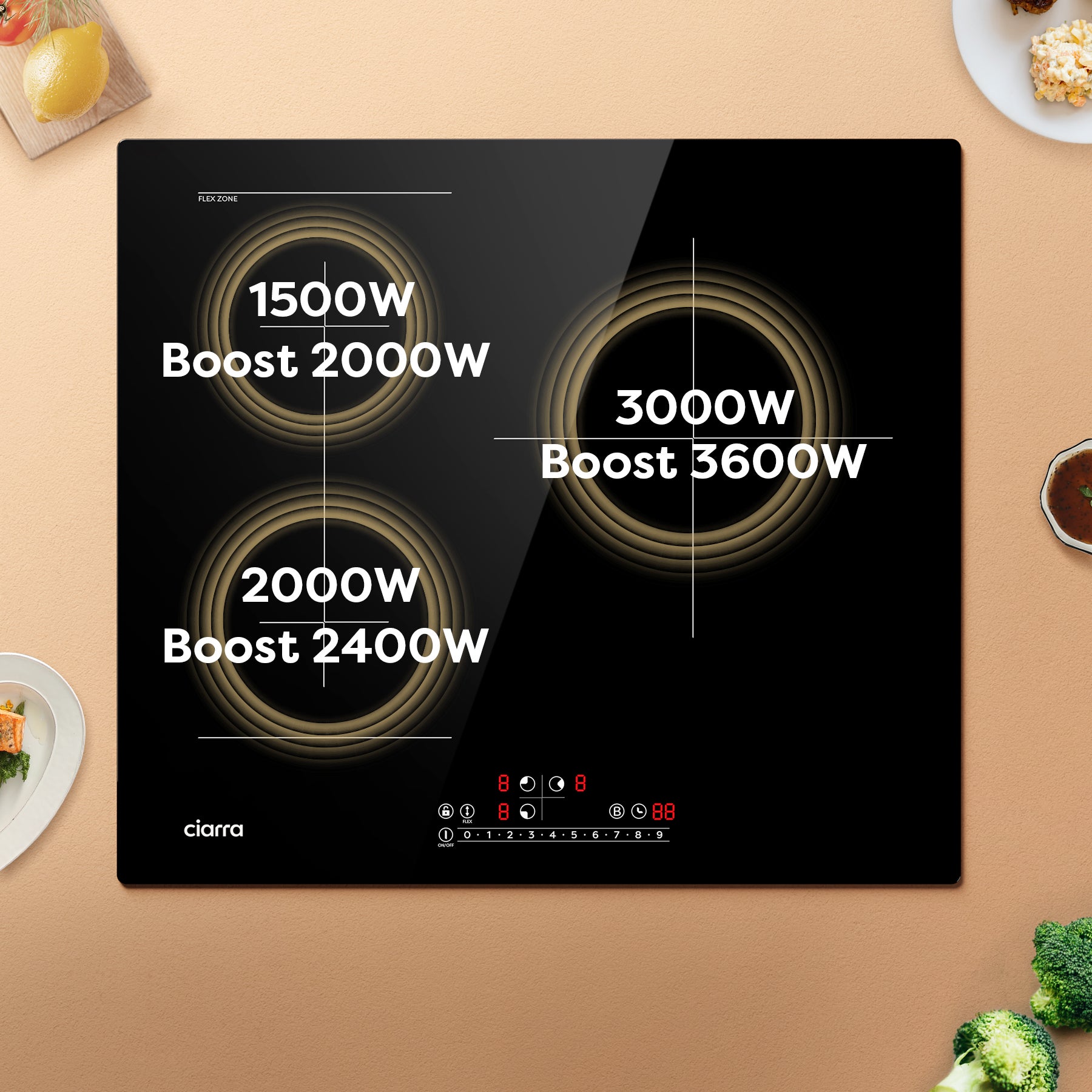 CIARRA 6500W Placa de inducción 3 fuegos Función Boost y Zona Flex 59cm CD3BFBIH - 2