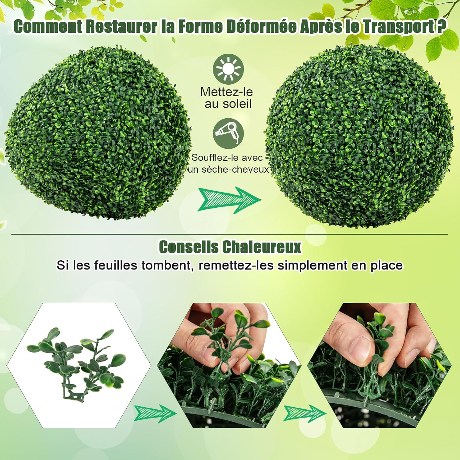 2 Boules de Buis Artificielles 50 cm(Dia. Extérieur) Résistantes aux UV, Plantes en Boules de Faux Sphères Végétales, Vert Foncé - 4
