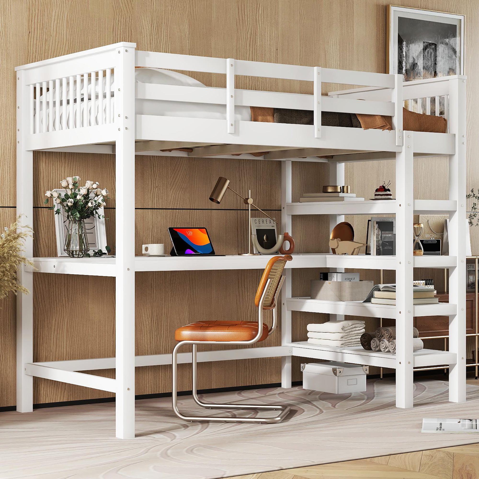 Cama alta 90 x 200 cm com secretária e prateleiras de arrumação - Madeira de pinho + MDF - Branco - 4
