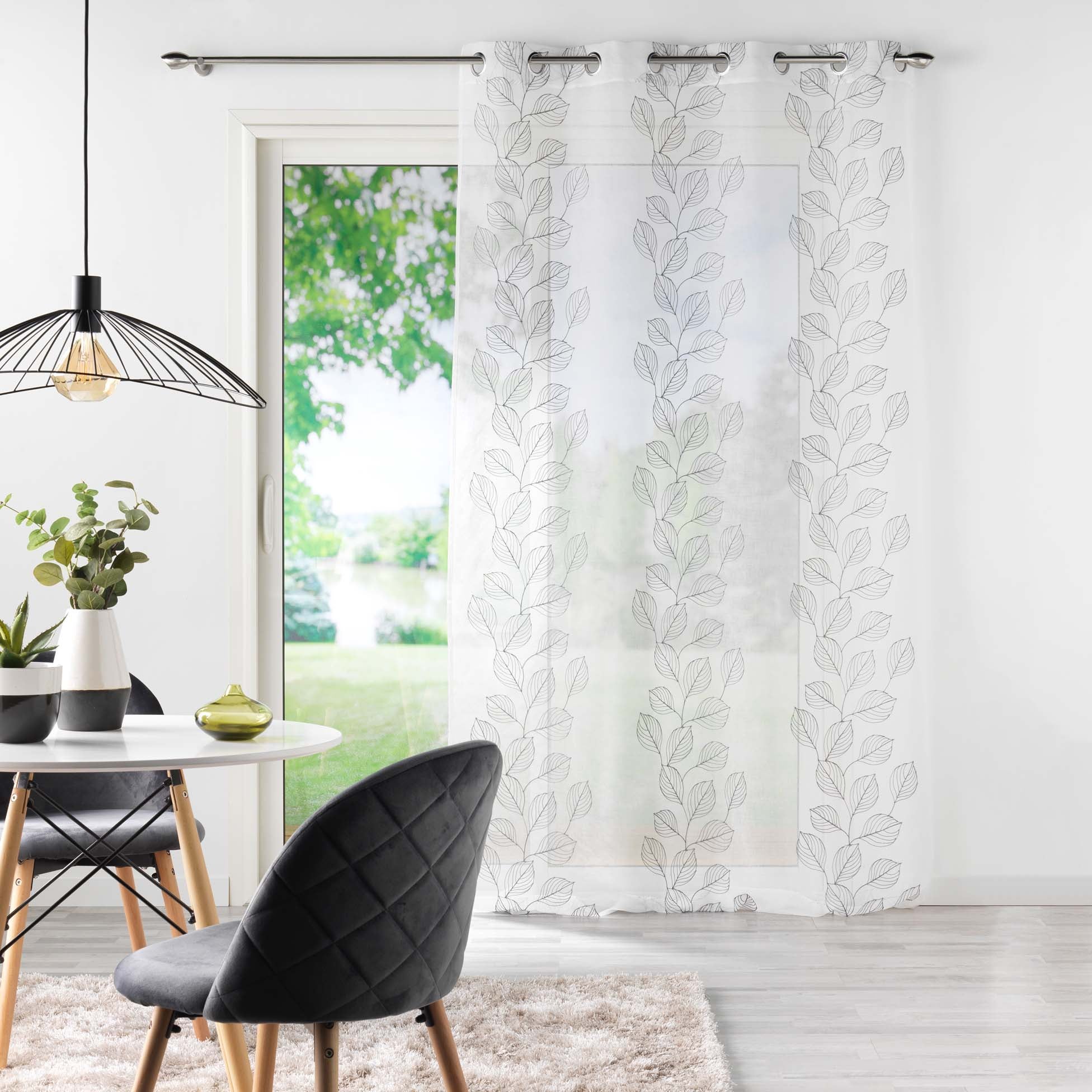 Voilage sablé et brodé de feuilles - Gris clair - 140x240 cm - Polyester - 5