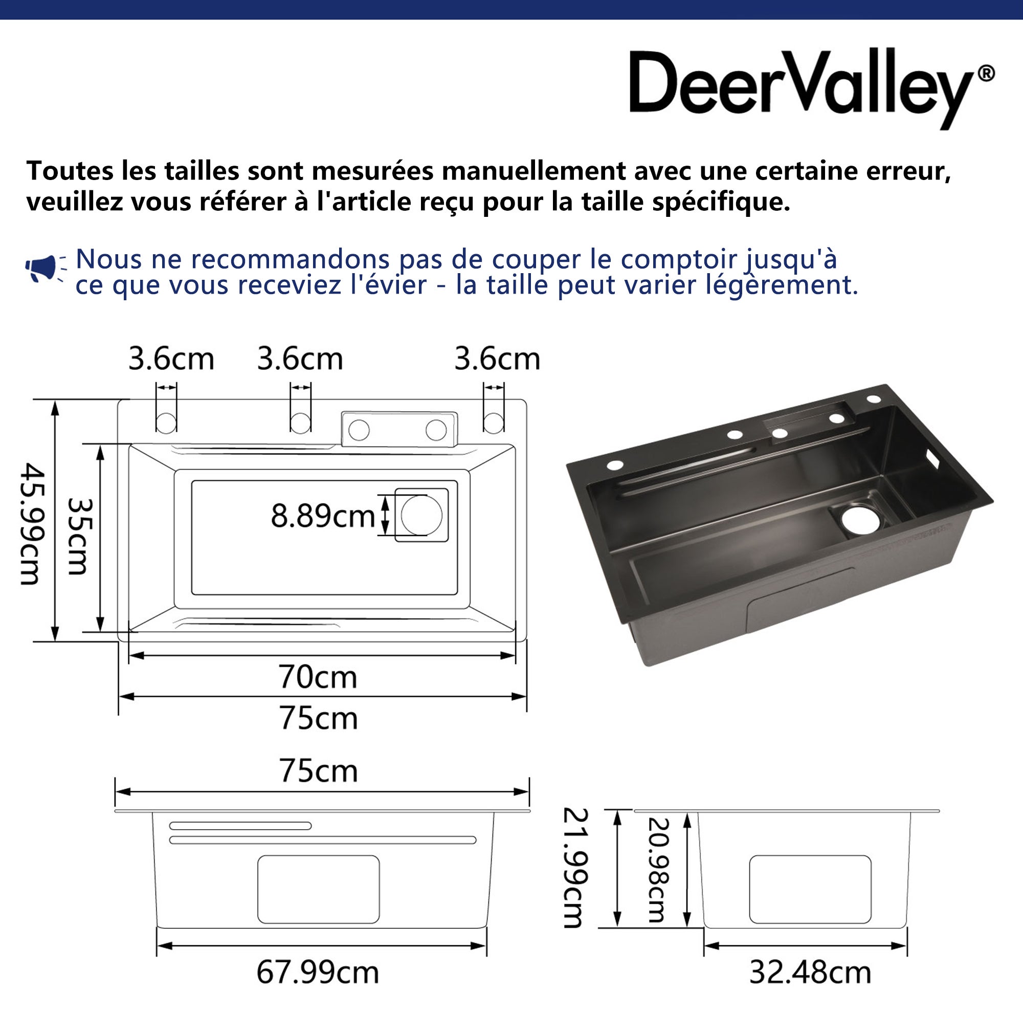 Évier de Cuisine Multifonction Cascade en Acier Inoxydable 304 - 75 x 46 cm - Marque DeerValley - 2