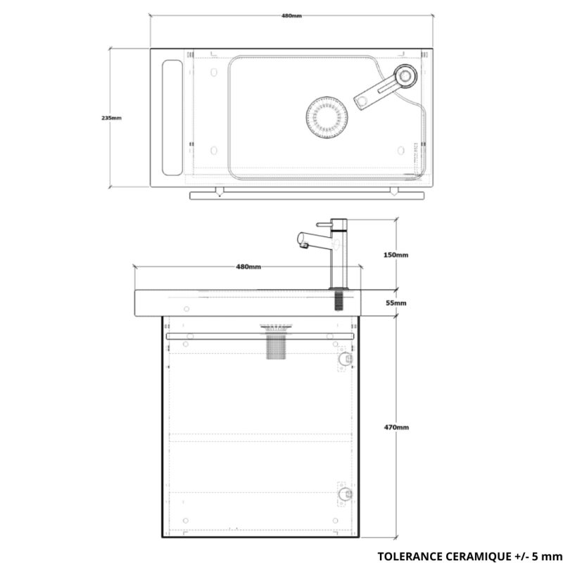 Pack lave-mains Bois Strié avec porte serviette - Robinetterie Eau froide à droite - L.48 X H. 52.5 cm - Houston - 2