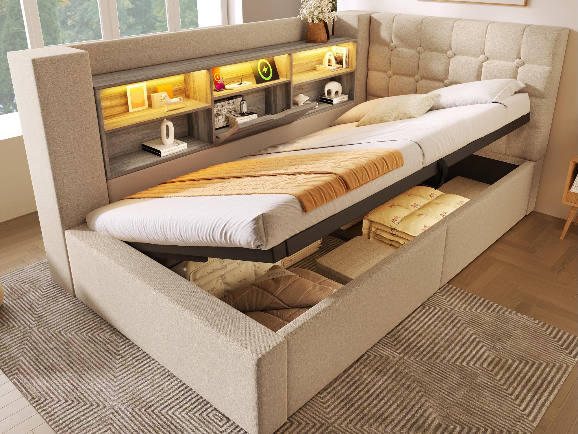 Sofa rozkładana 90x200 cm z pojemnikiem na pościel - z diodami LED i portem ładowania - z podstawą z listew - tkanina lniana - beżowa
