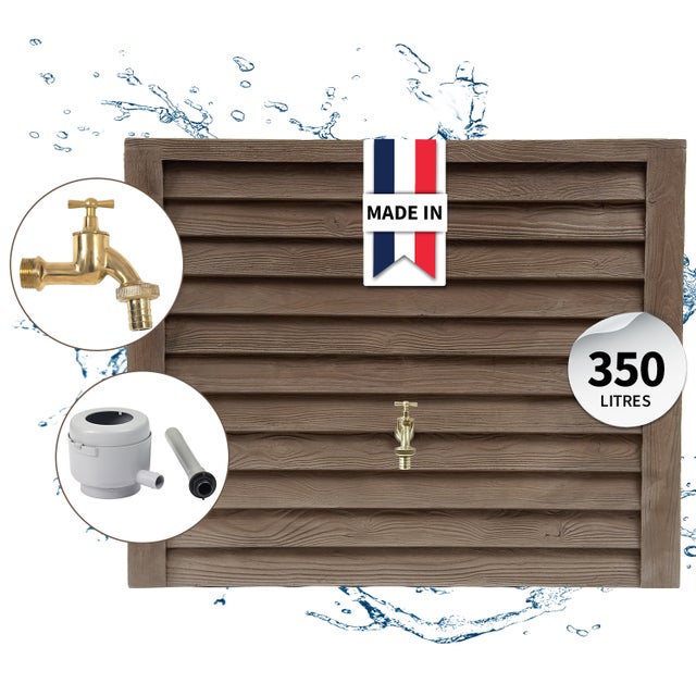 GARANTIA Kit Réservoir mural WOODY 350 L bois foncé avec robinet laiton et collecteur Eco gris