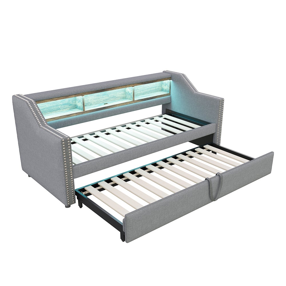 Canapé-lit extensible 90/180 x 190 cm, éclairage LED et prise USB, gris clair - 6