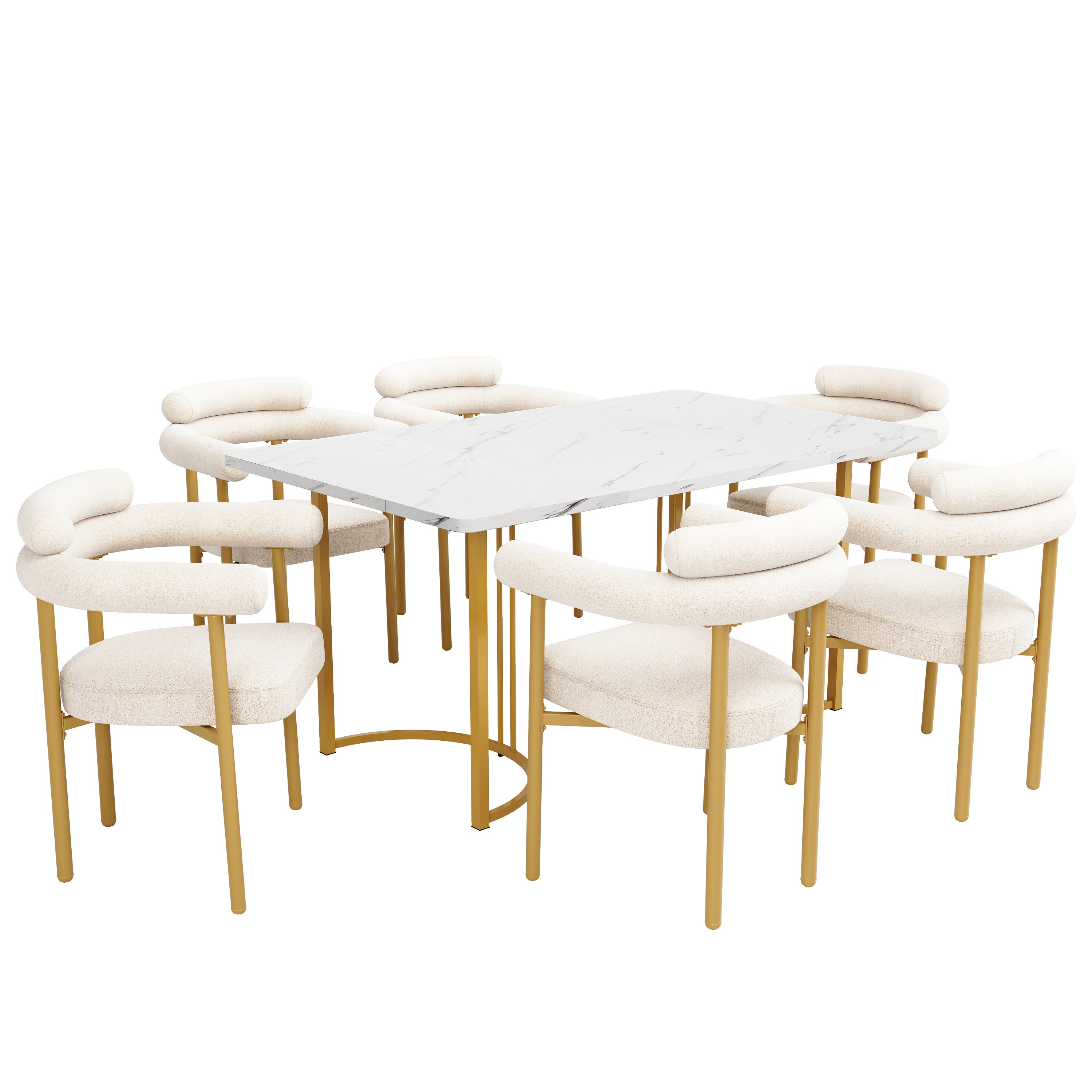 Ensemble table à manger + 6 chaises en velours - 140 x 80 x 75 cm - MDF + Pieds en métal doré - Beige - 2